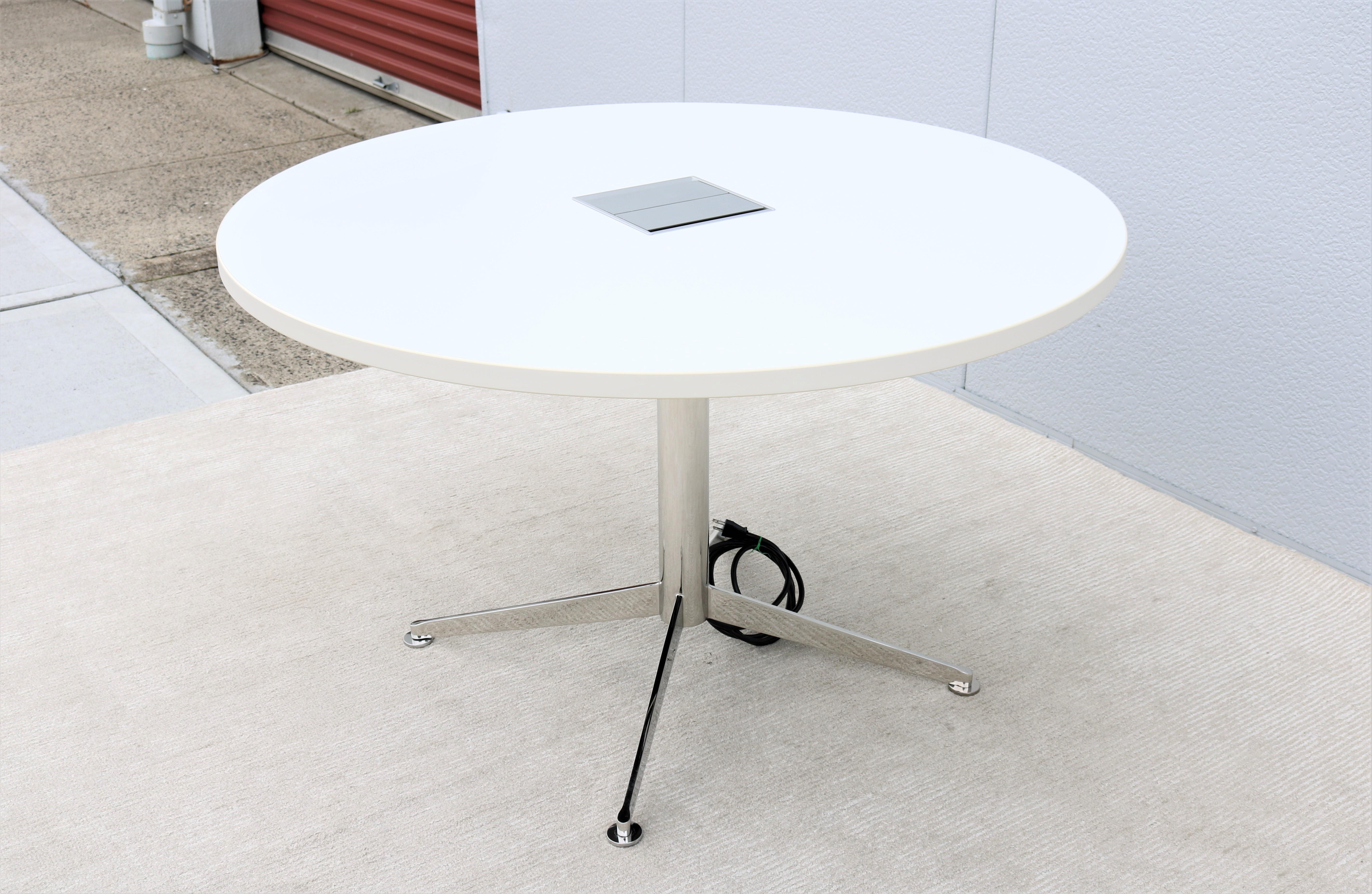 Aluminum Modern Bernhardt Design Circuit Round White Laminate Top Conference Table For Sale