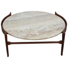 Modern Bertha Schaefer Travertine and Walnut Round Coffee Table