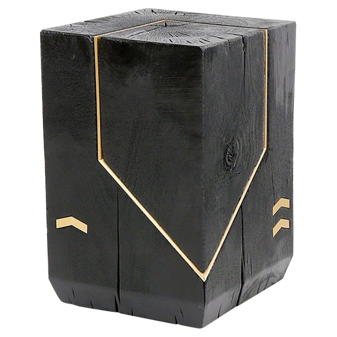 Modern Bespoke Black, Gold Cube Charred Wood Side Coffee Table
