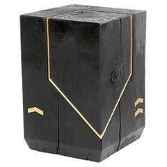 Modern Bespoke Black, Gold Cube Charred Wood Side Coffee Table