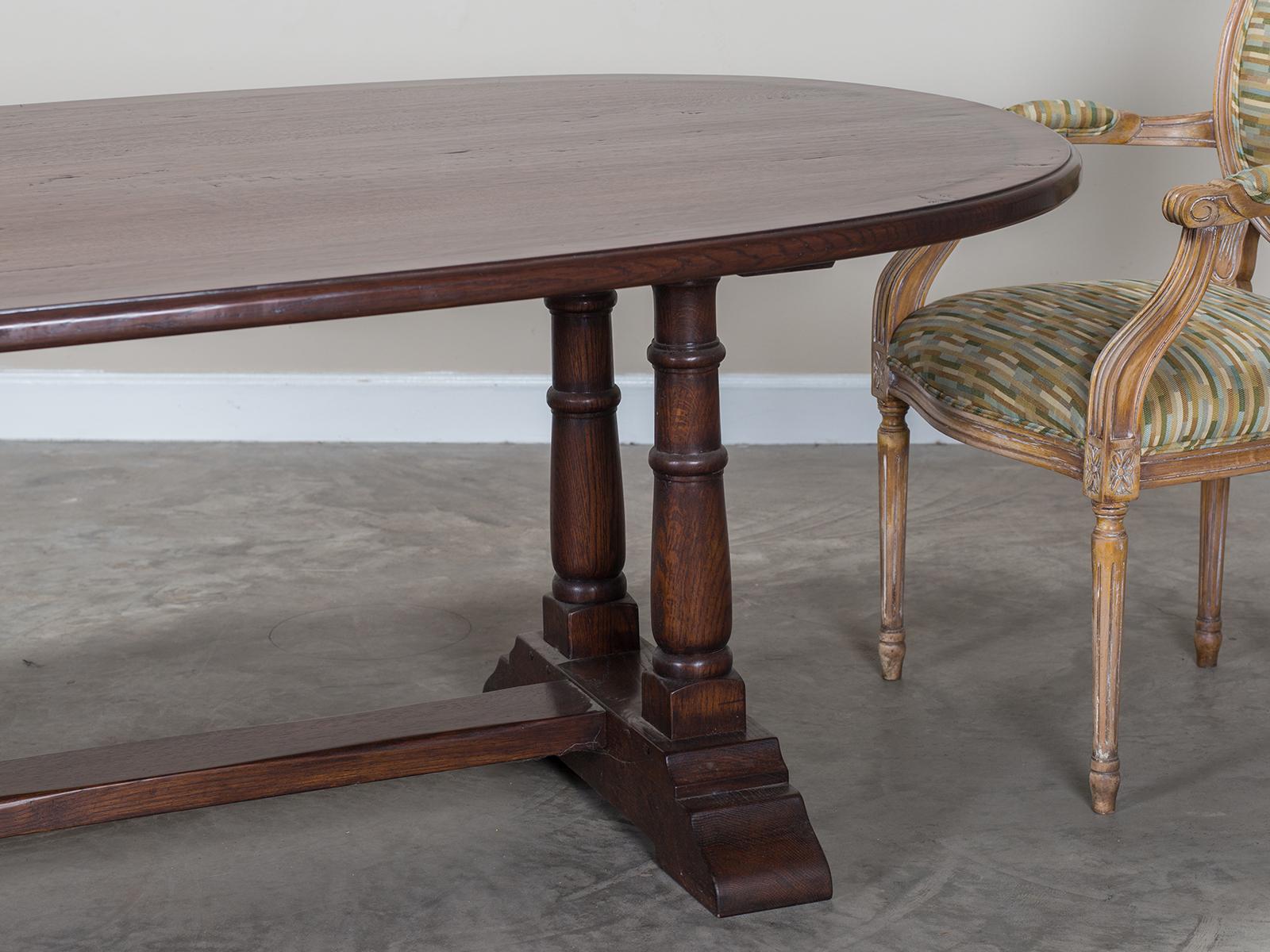 Elizabethan Modern Bespoke English Oval Oak Trestle Dining Table Crossbanded with Yewwood For Sale