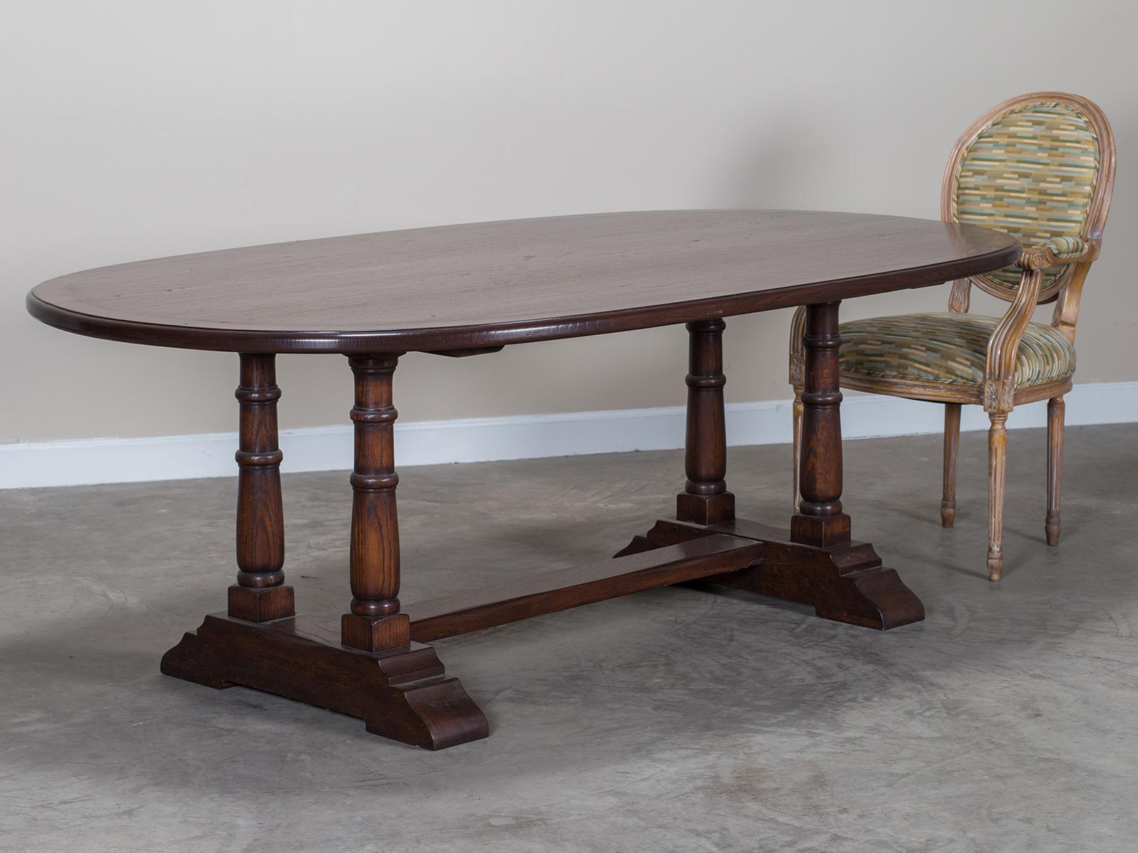 Hand-Crafted Modern Bespoke English Oval Oak Trestle Dining Table Crossbanded with Yewwood For Sale