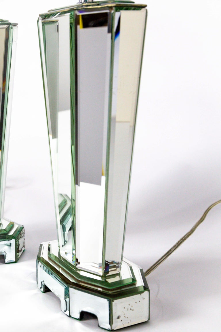 Modern Beveled Mirror and Chrome Lamps with Deco Finials For Sale at