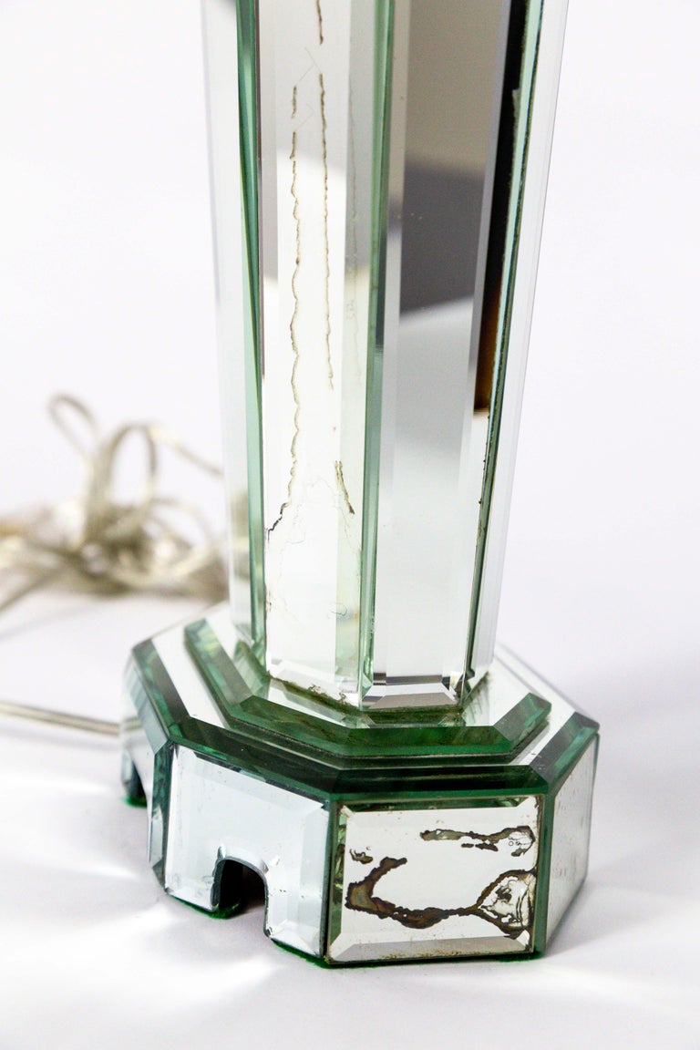 Modern Beveled Mirror and Chrome Lamps with Deco Finials For Sale at