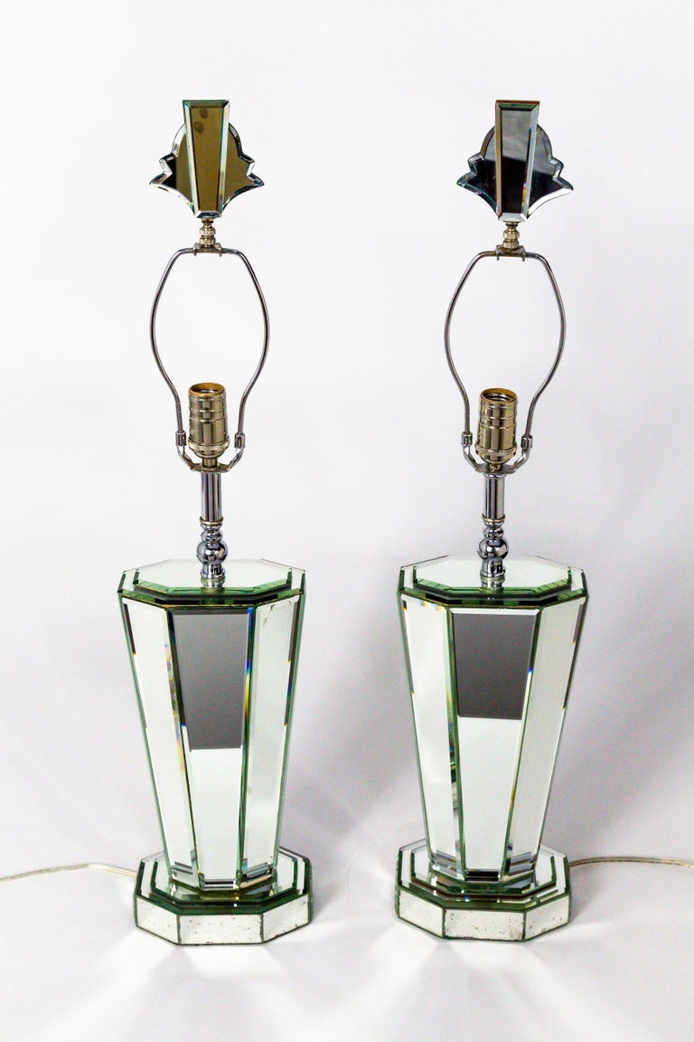 Modern Beveled Mirror and Chrome Lamps with Deco Finials For Sale at