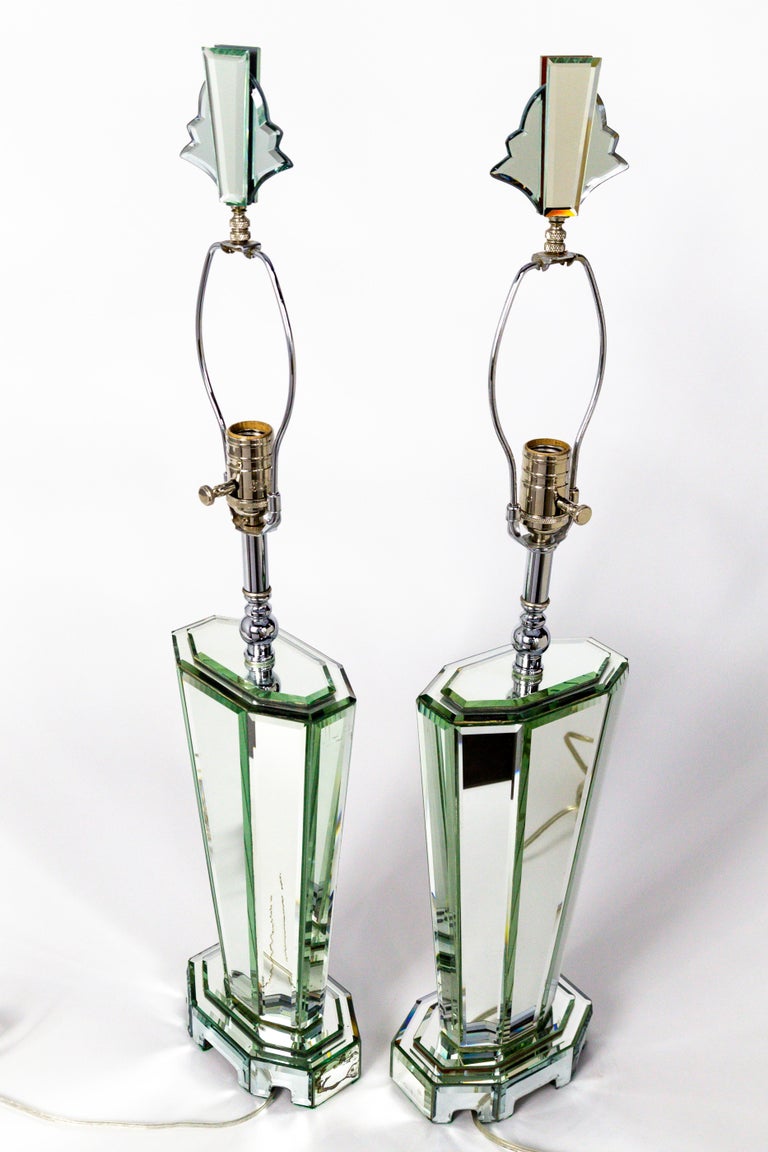 Modern Beveled Mirror and Chrome Lamps with Deco Finials For Sale at