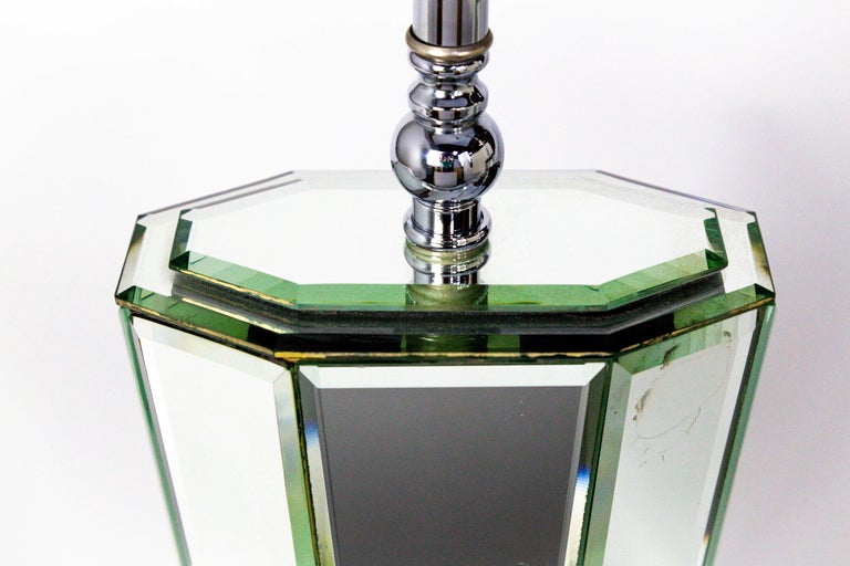 Modern Beveled Mirror and Chrome Lamps with Deco Finials For Sale at