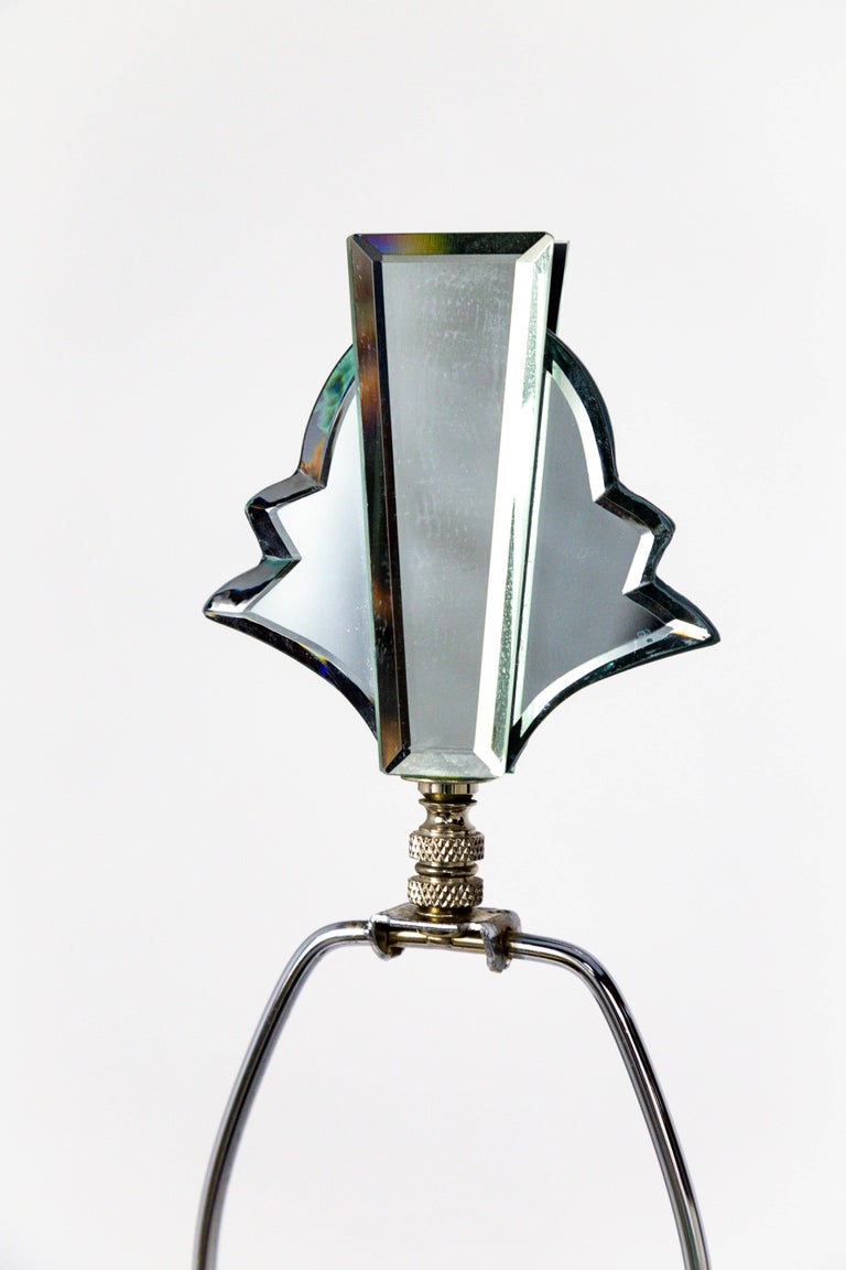 Modern Beveled Mirror and Chrome Lamps with Deco Finials For Sale at