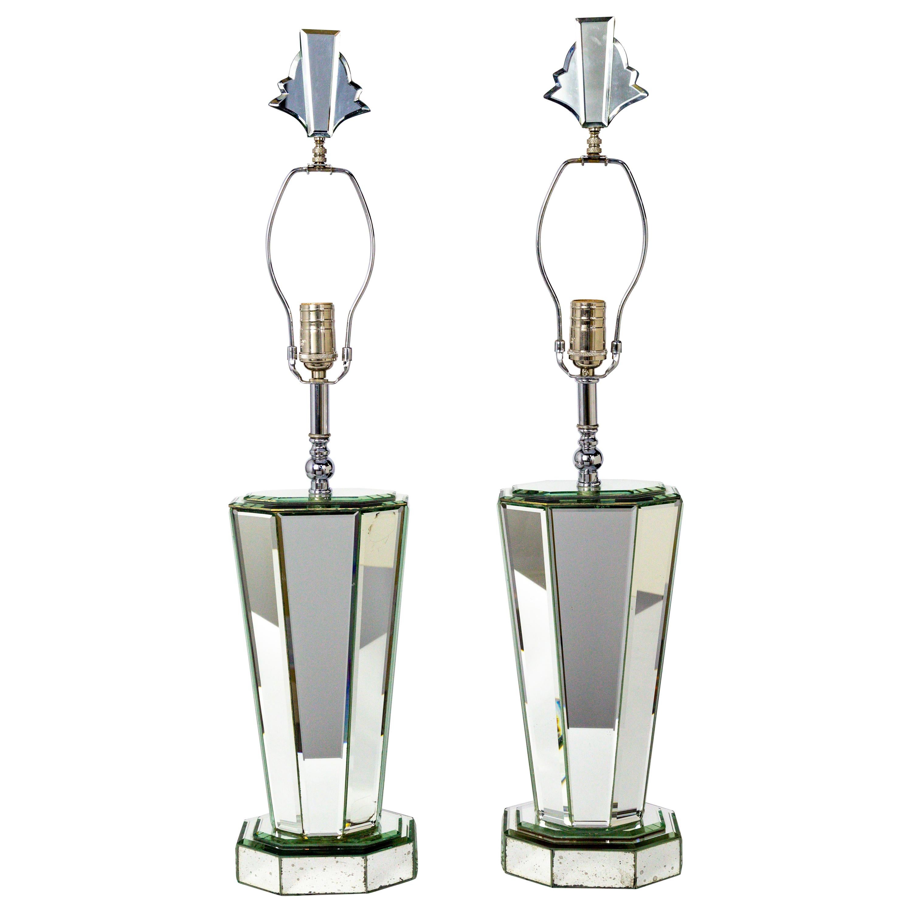 Modern Beveled Mirror and Chrome Lamps with Deco Finials