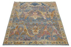 Tappeto moderno in lana blu e ocra in stile Bidjar - Grande disegno floreale astratto