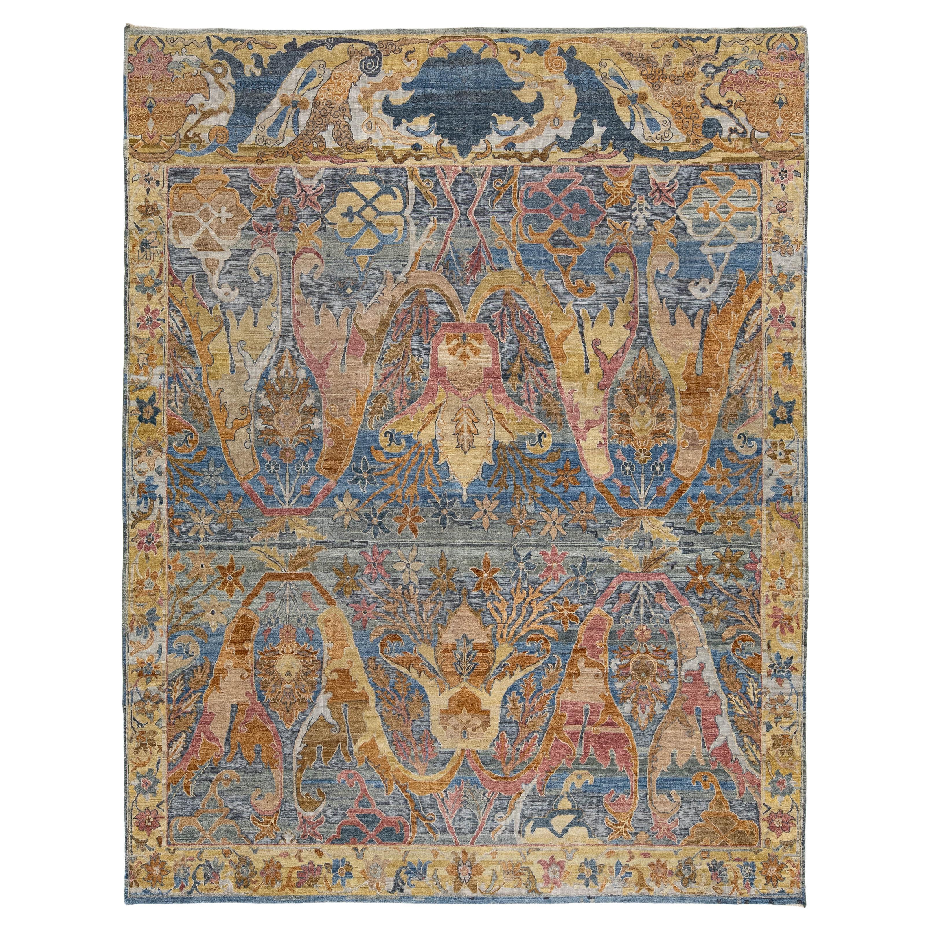 Modern Bidjar Style Blue & Ochre Wool Area Rug – Large Floral Abstract Design