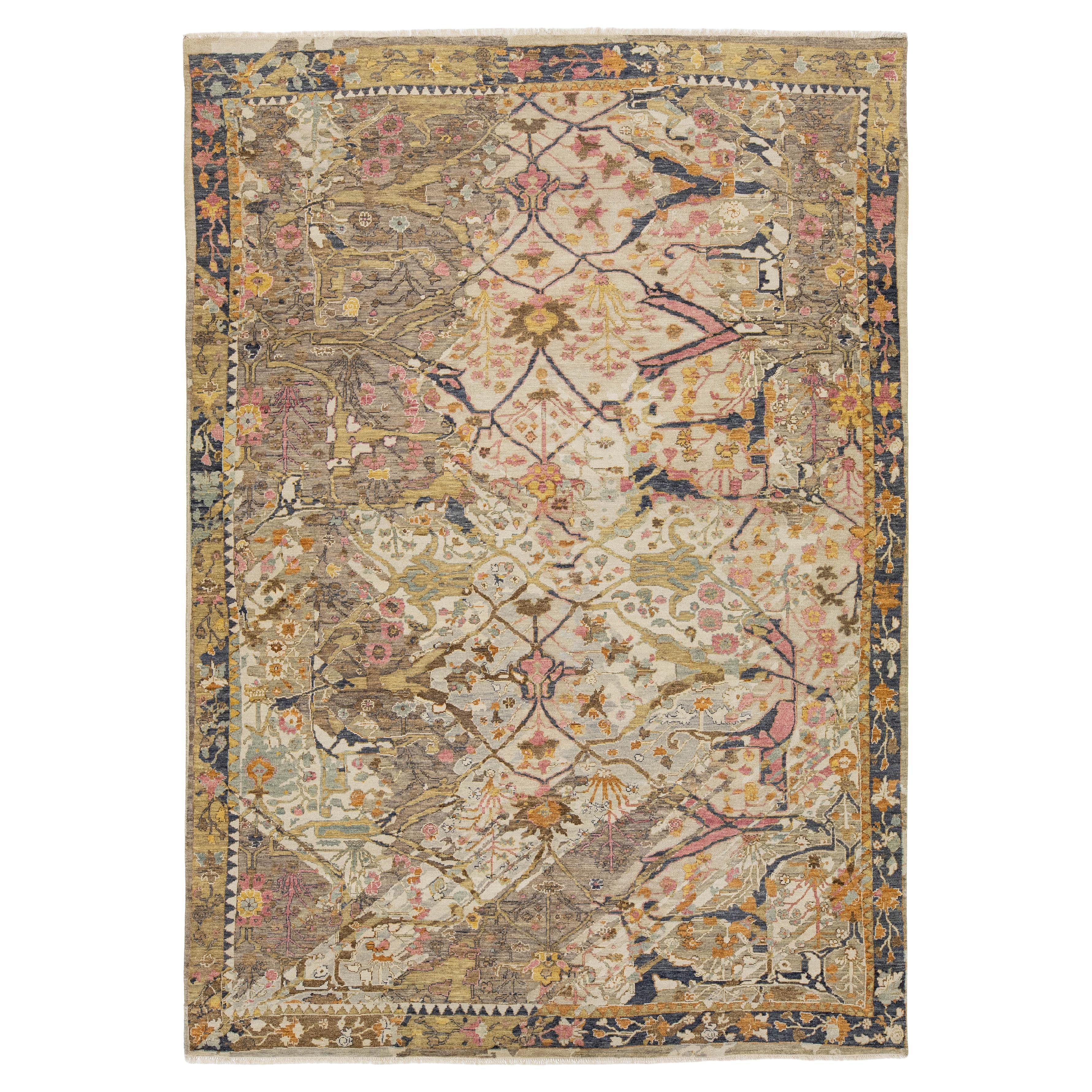 Modern Bidjar Style Hand-Knotted Wool Area Rug – Abstract Floral Lattice in Sand