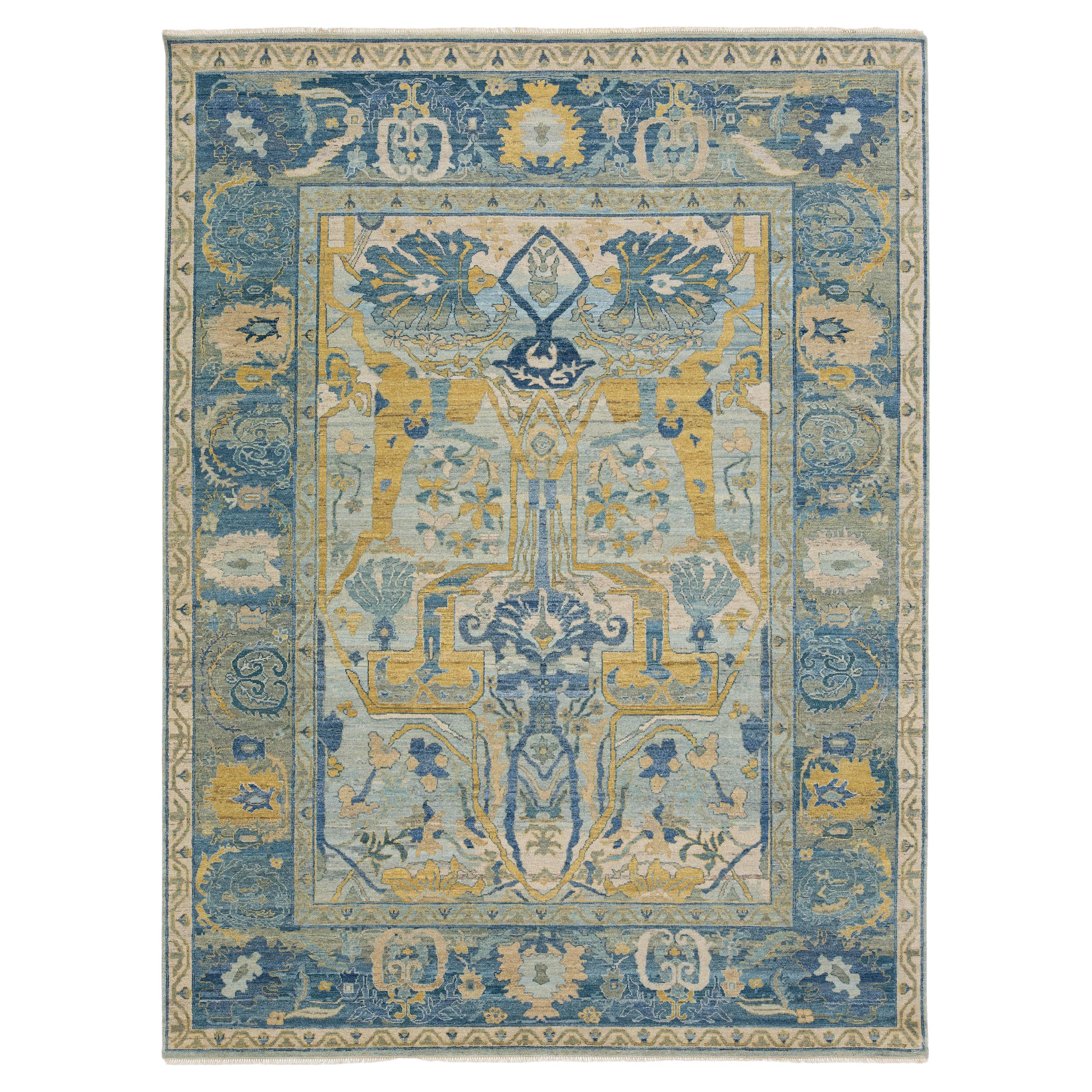 Modern Bidjar Style Hand-Knotted Wool Area Rug – Sky Blue & Saffron