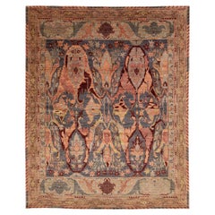 Modern Bidjar Style Hand-Knotted Wool Rug –Botanical Motifs In Blue & Terracotta