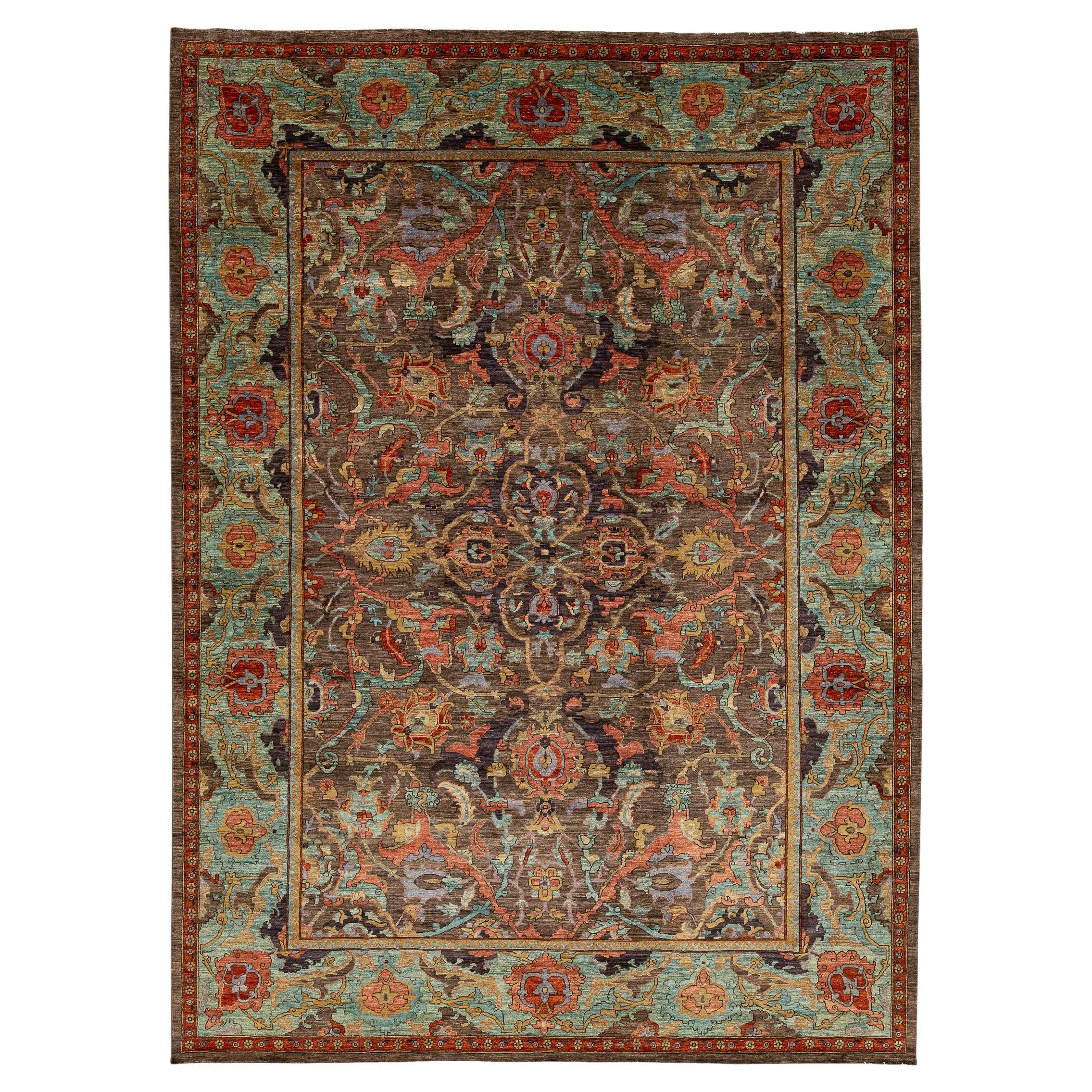 Modern Bidjar Style Hand-Knotted Wool Rug Earthy Brown & Turquoise 10x14