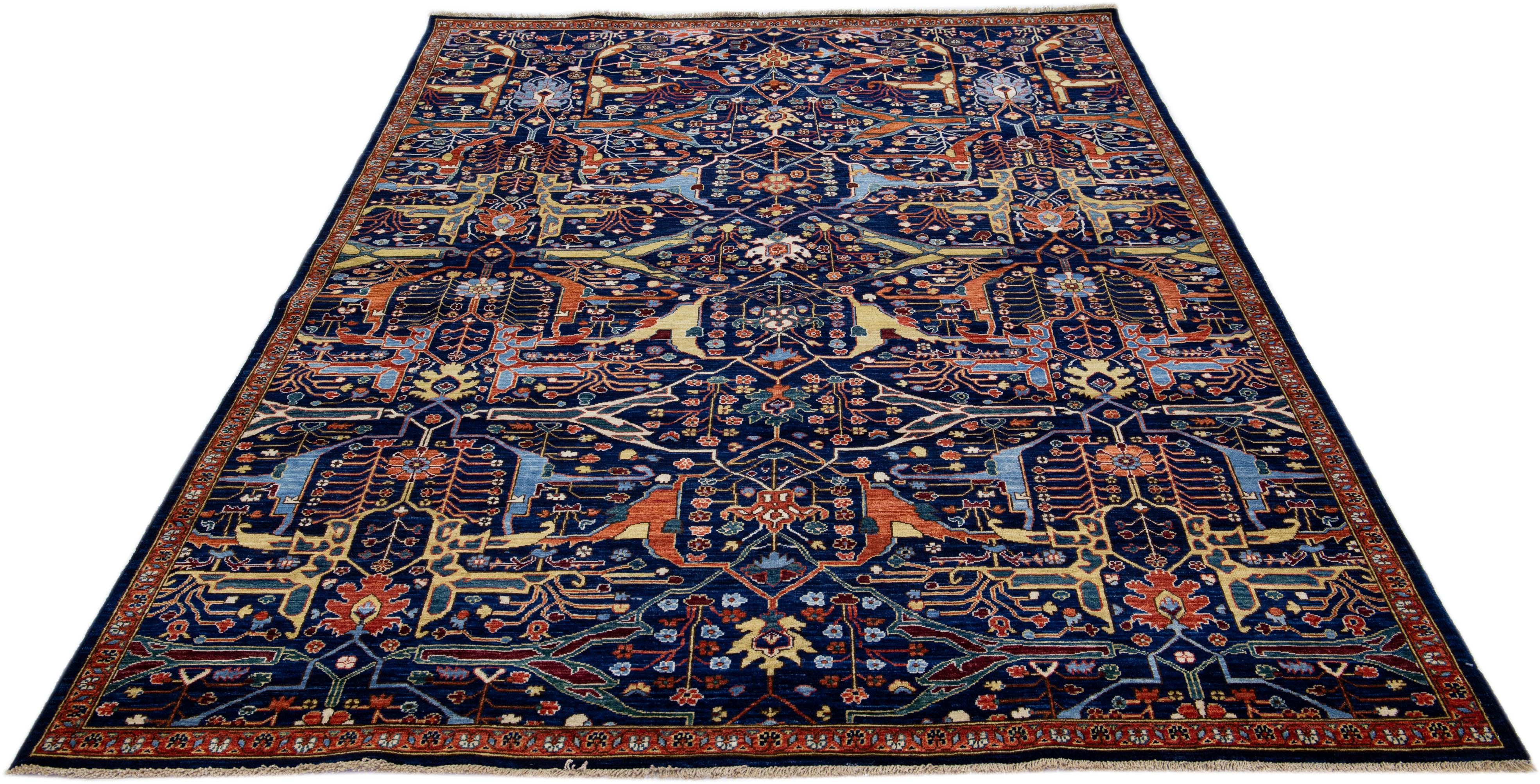 Islamic Modern Bidjar Style Handmade Dark Blue Wool Rug With Allover Motif For Sale