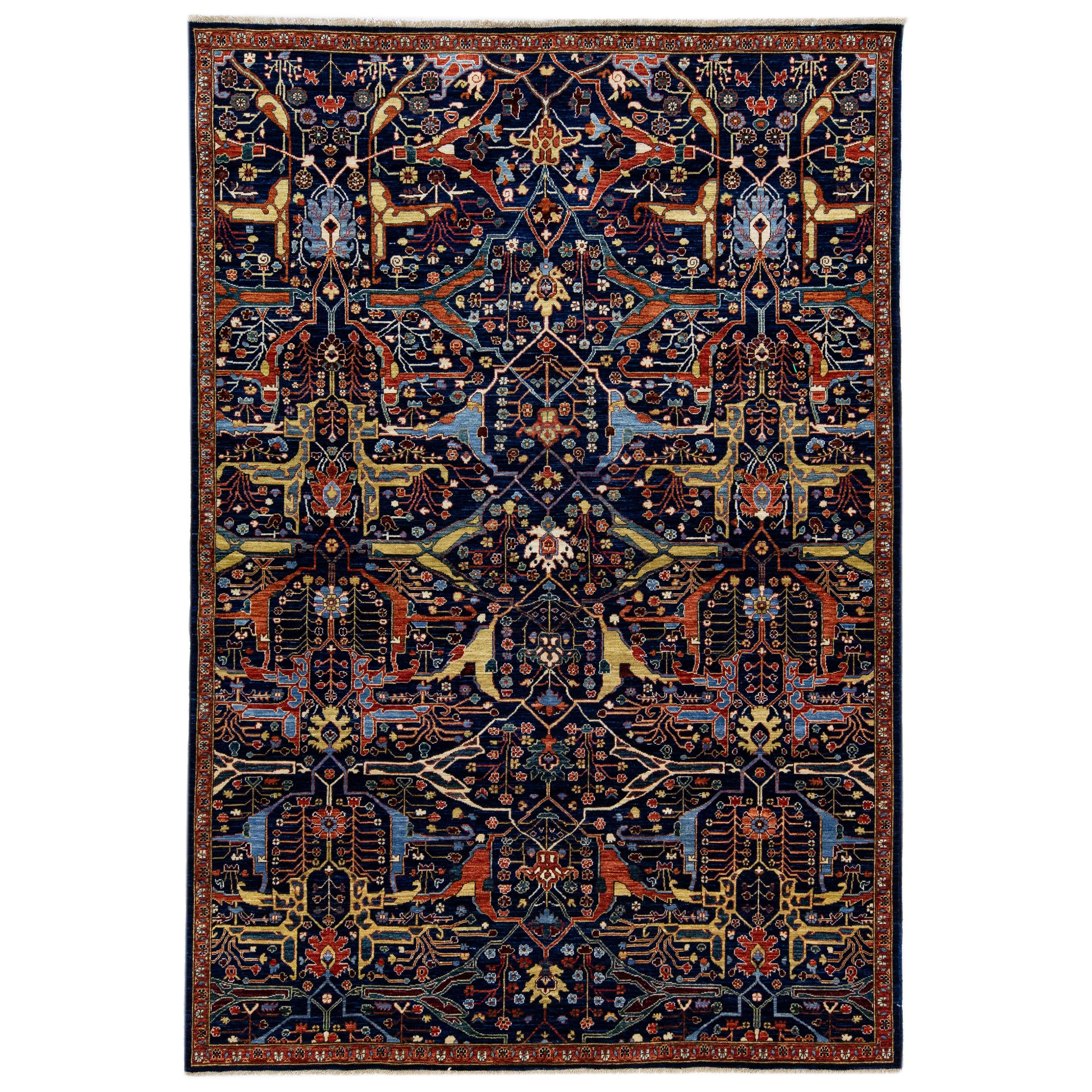 Moderner handgefertigter dunkelblauer Wollteppich im Bidjar-Stil mit Allover-Motiv im Angebot
