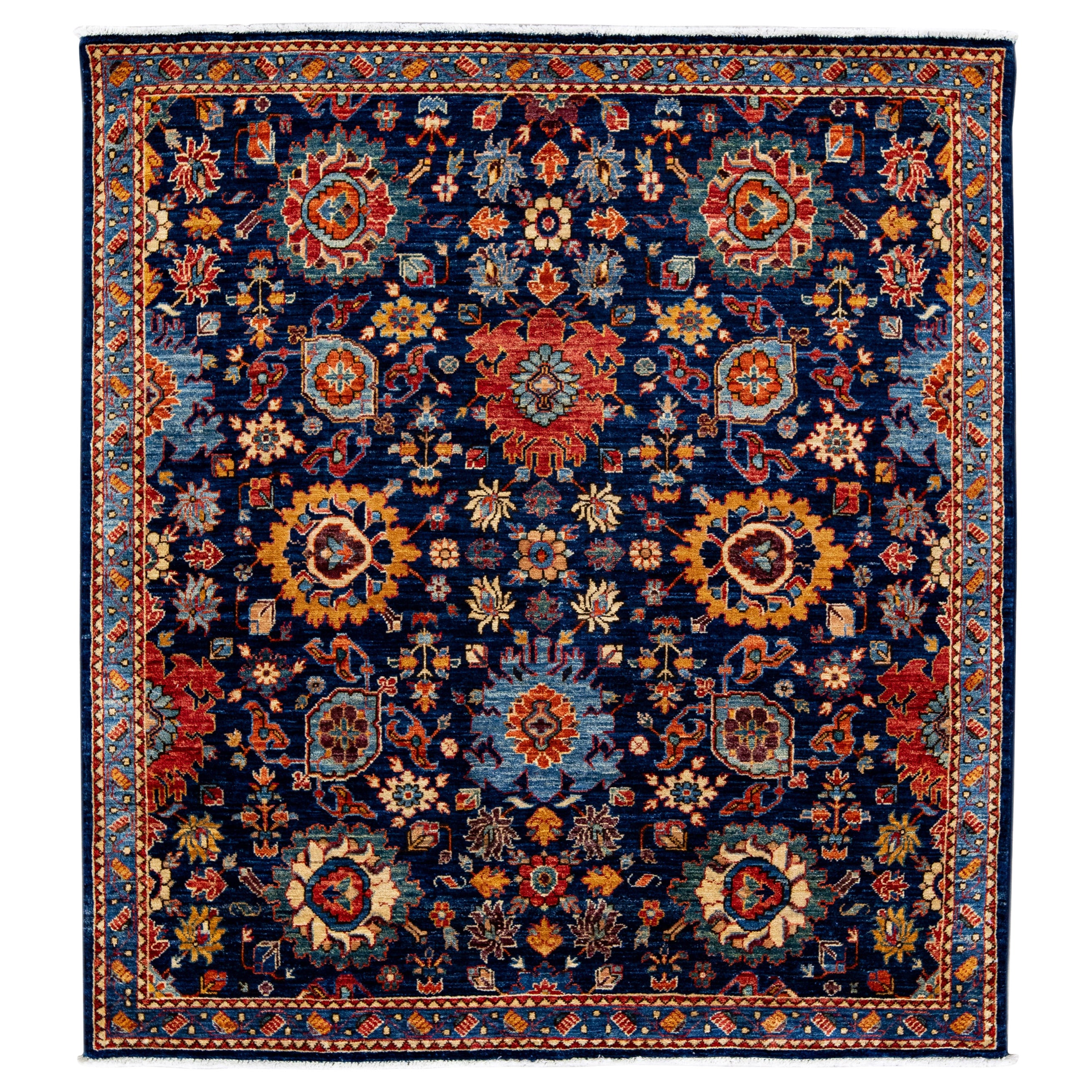 Tapis moderne en laine bleu écaillé de style Bidjar, fait à la main et à motifs floraux en vente
