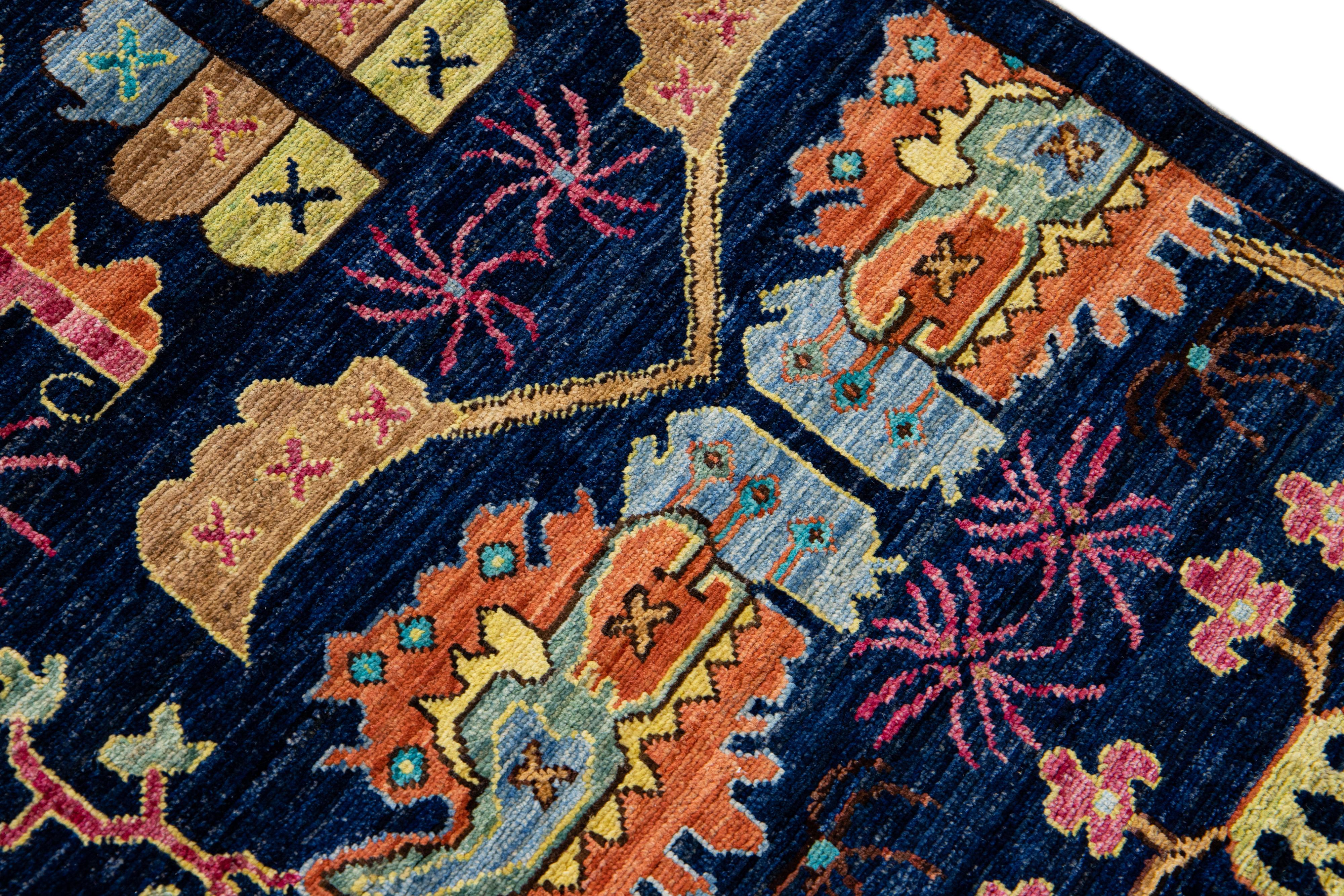 Modern Bidjar Style Handmade Multicolor Floral Designed Navy Blue Wool Rug For Sale 2