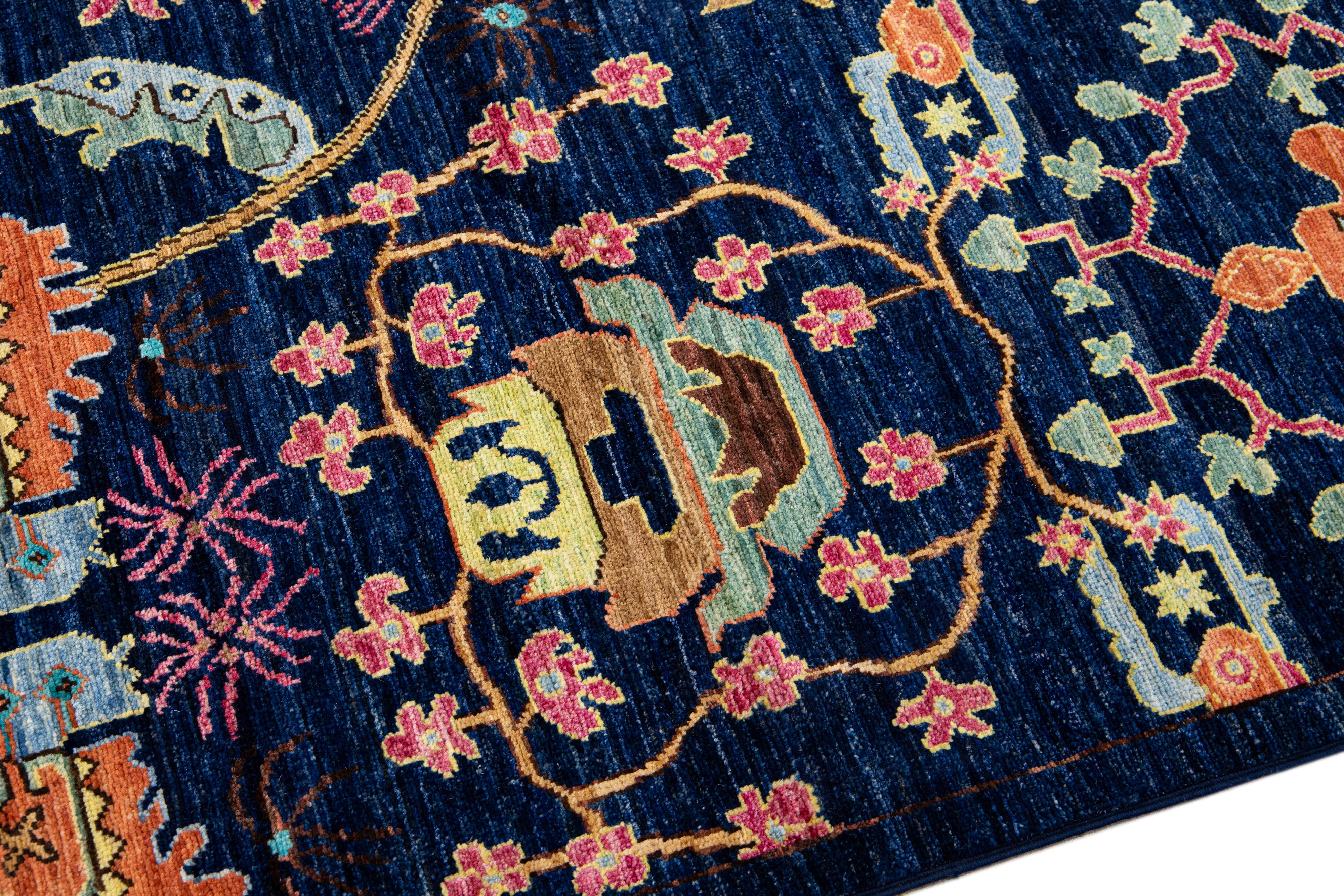 Modern Bidjar Style Handmade Multicolor Floral Designed Navy Blue Wool Rug In New Condition For Sale In Norwalk, CT