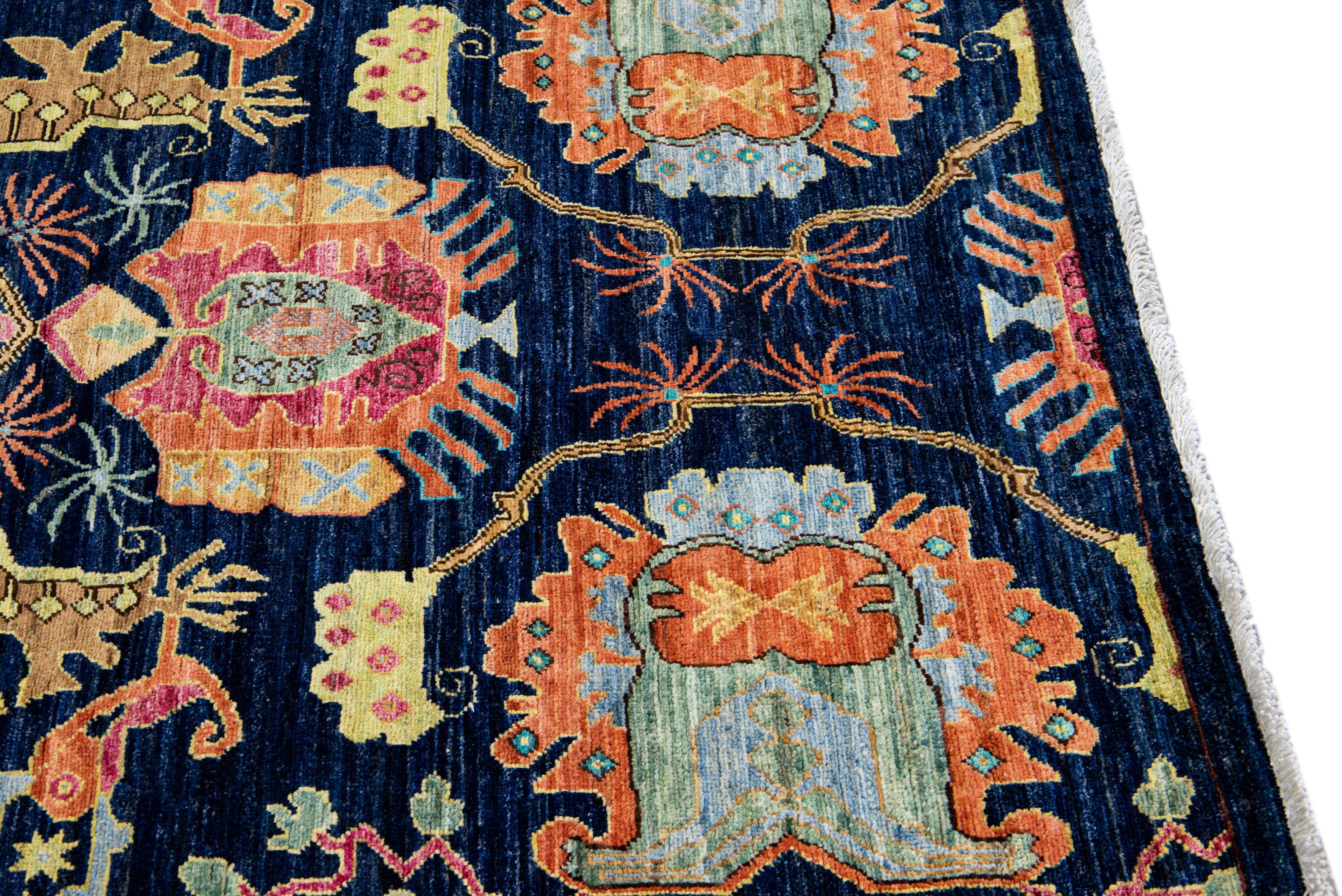 Contemporary Modern Bidjar Style Handmade Multicolor Floral Designed Navy Blue Wool Rug For Sale