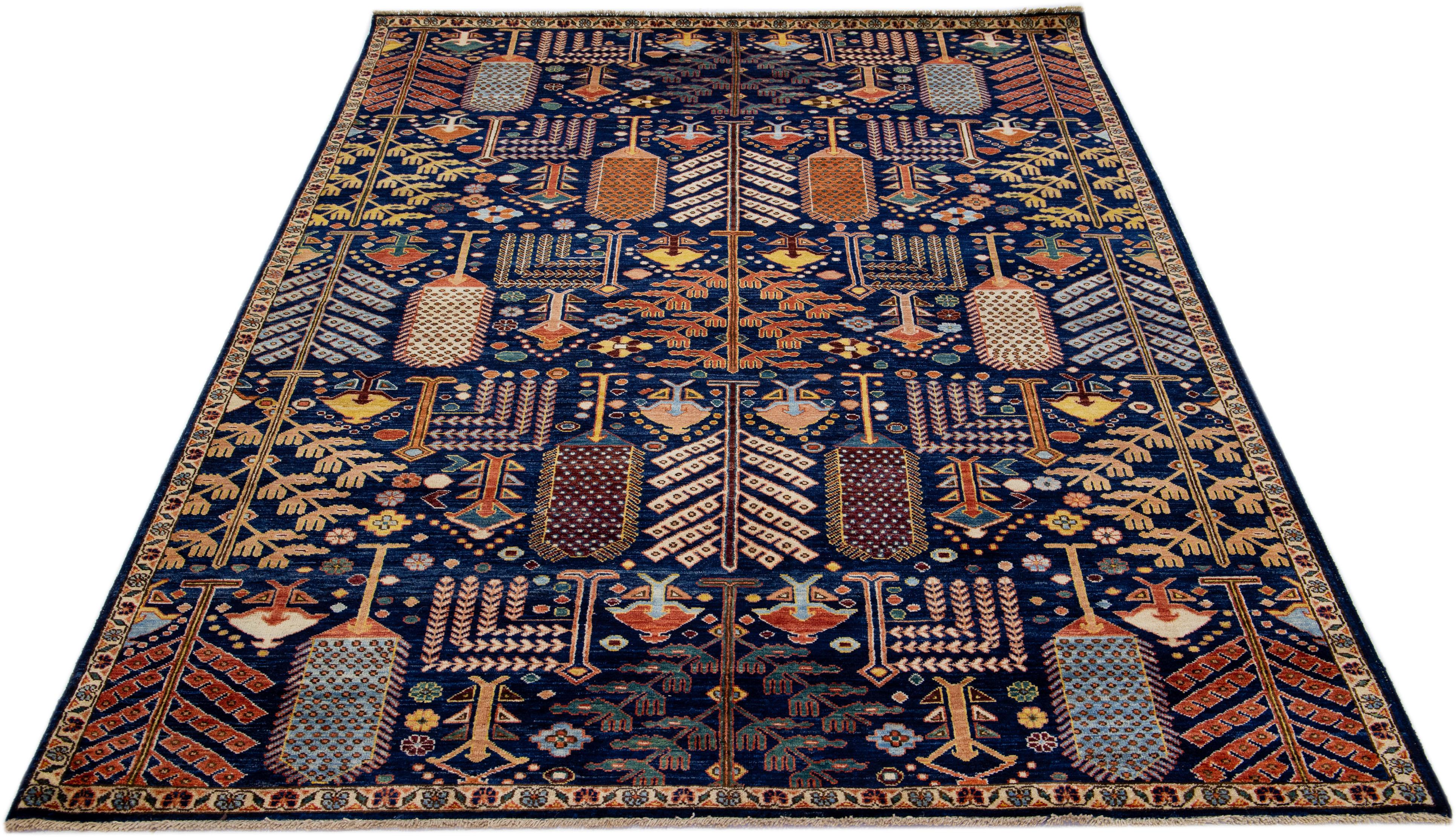 Islamic Modern Bidjar Style Navy Blue Handmade Geometric Designed Wool Rug For Sale
