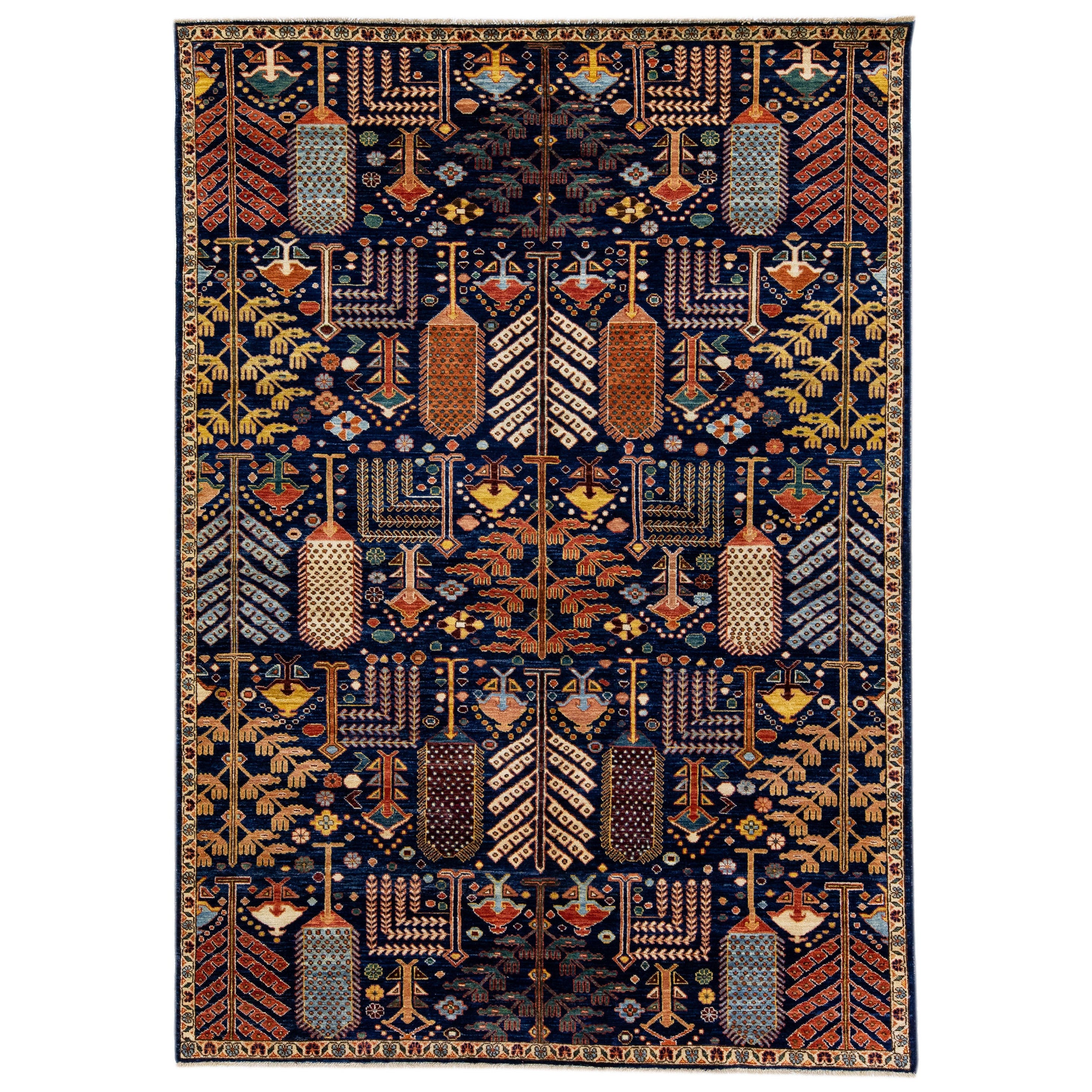Moderner handgefertigter Wollteppich im Bidjar-Stil in Marineblau mit geometrischem Muster im Angebot
