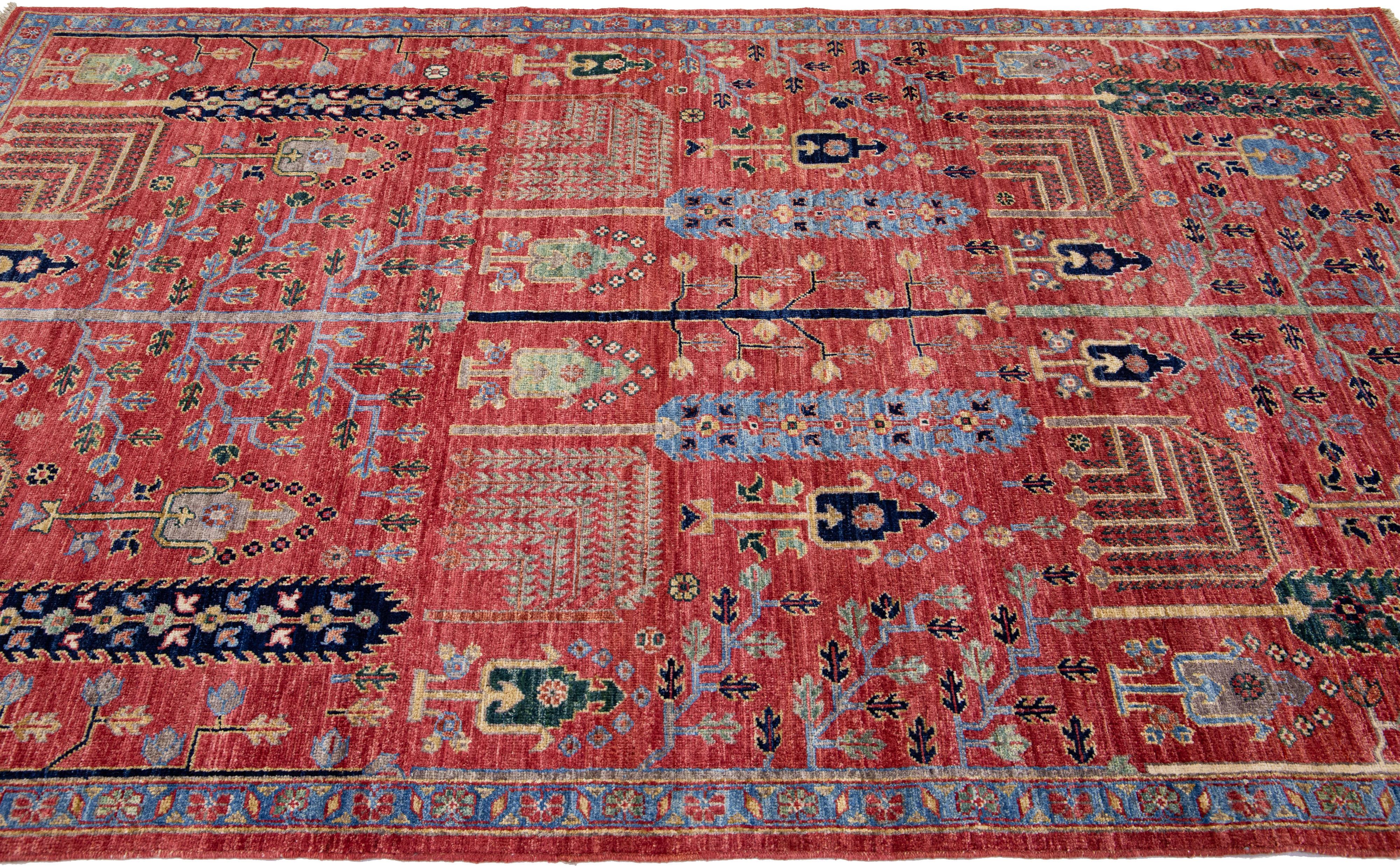 Hand-Knotted Modern Bidjar Style Red Handmade Wool Rug With Geometric Floral Motif For Sale