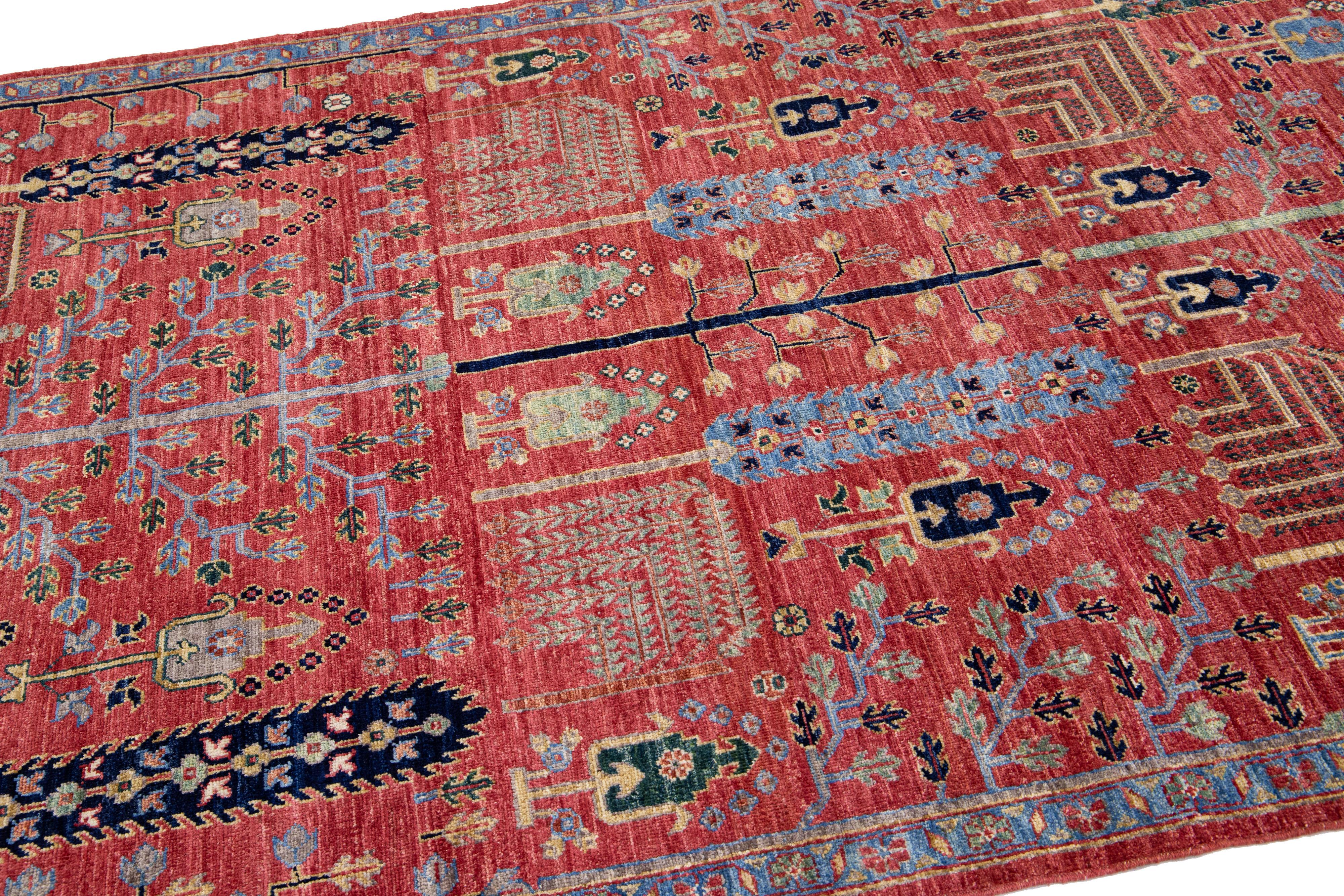 Modern Bidjar Style Red Handmade Wool Rug With Geometric Floral Motif In New Condition For Sale In Norwalk, CT