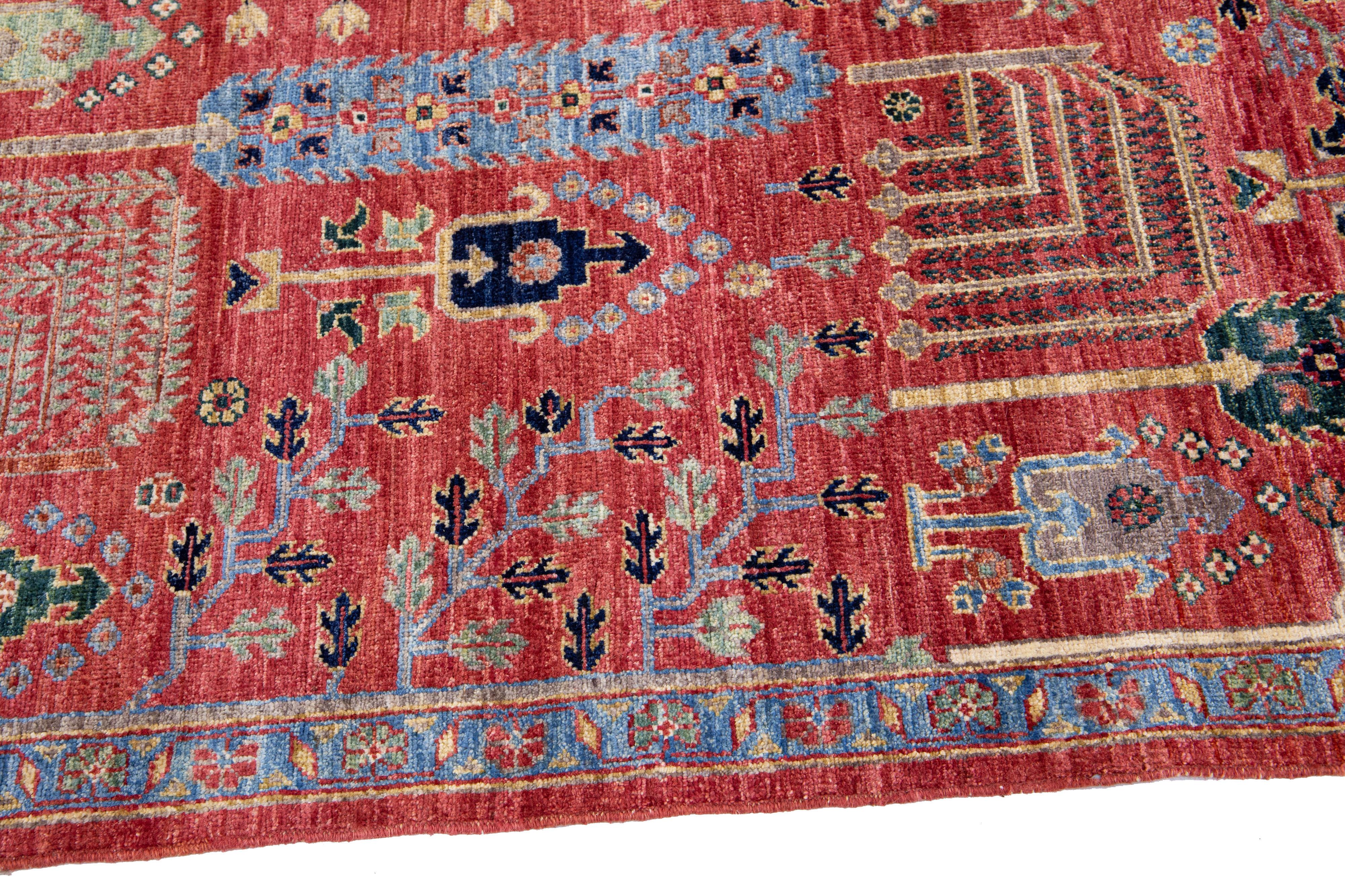 Contemporary Modern Bidjar Style Red Handmade Wool Rug With Geometric Floral Motif For Sale