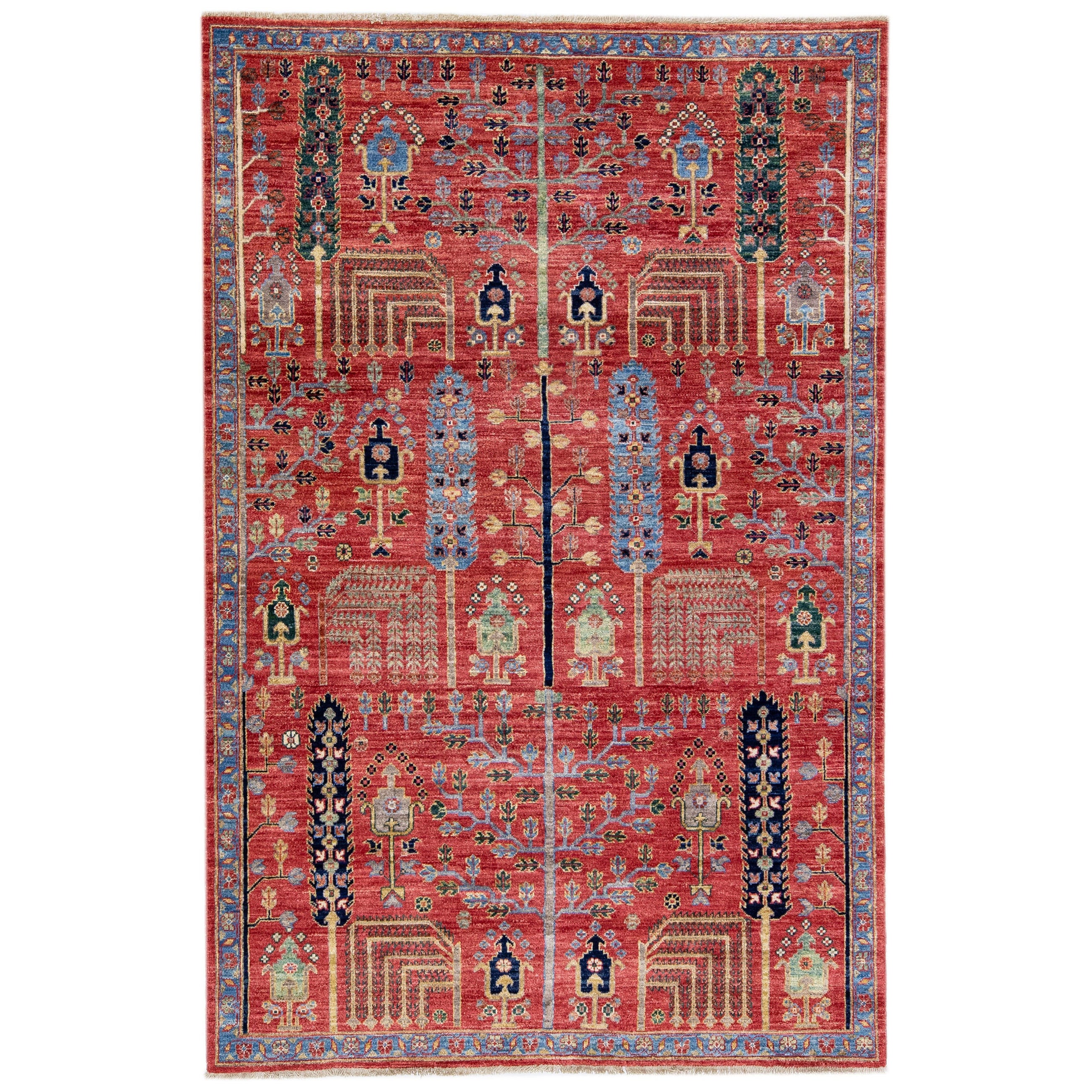 Moderner roter handgefertigter Wollteppich im Bidjar-Stil mit geometrischem Blumenmotiv im Angebot