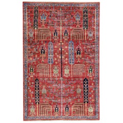 Moderner roter handgefertigter Wollteppich im Bidjar-Stil mit geometrischem Blumenmotiv