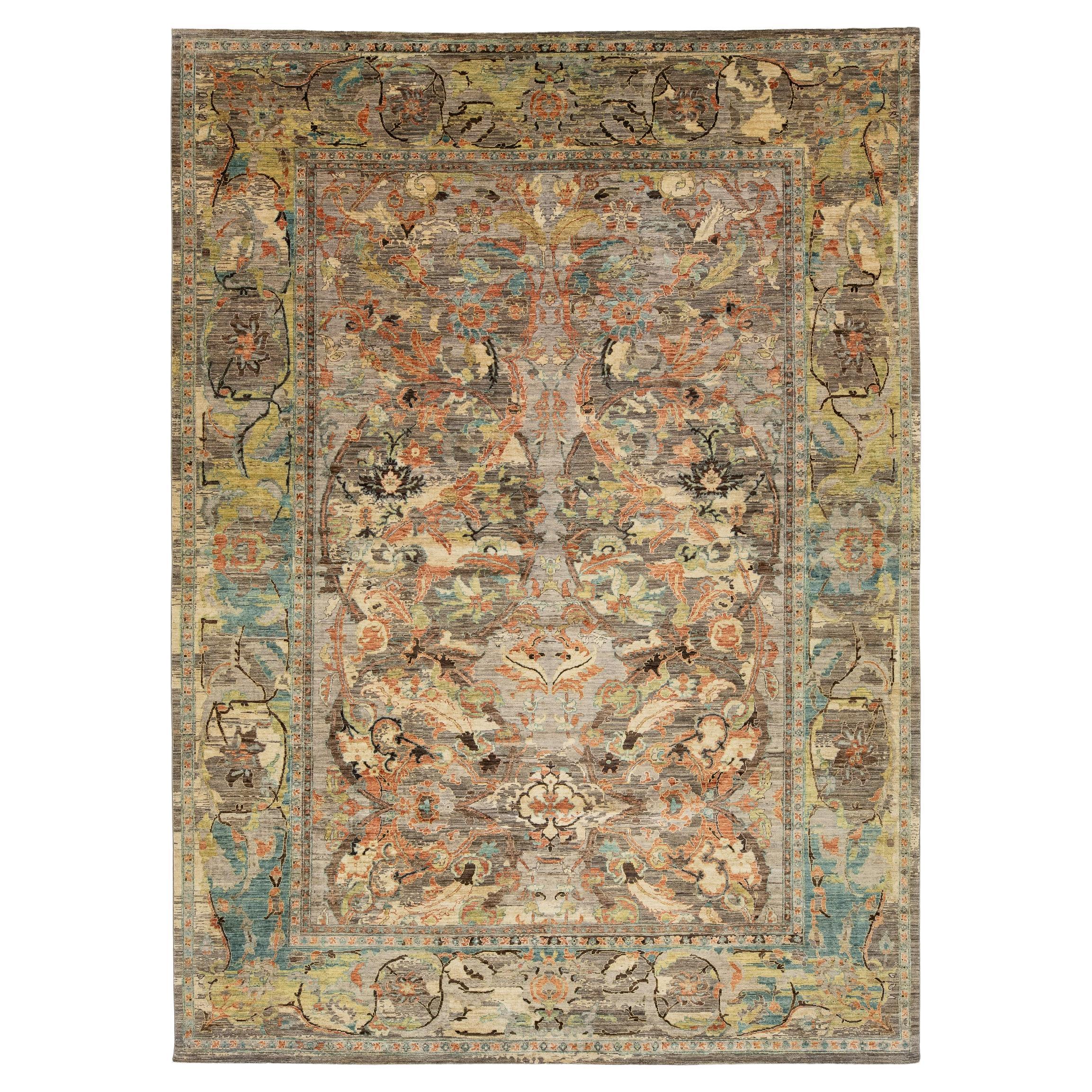 Modern Bidjar Style Transitional Wool Rug – Earthy Abstract Floral Design 10x14 For Sale
