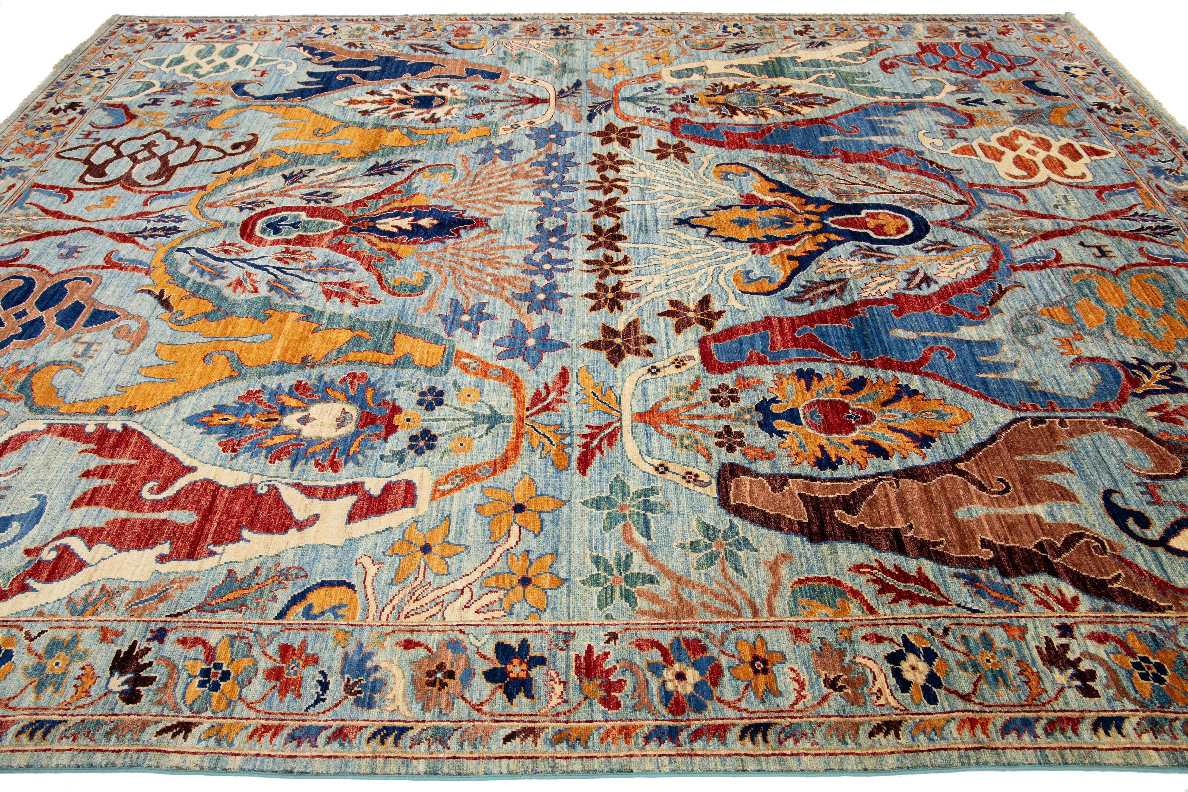 Contemporary Modern Bidjar Style Wool Rug Blue Handmade with Allover Design For Sale