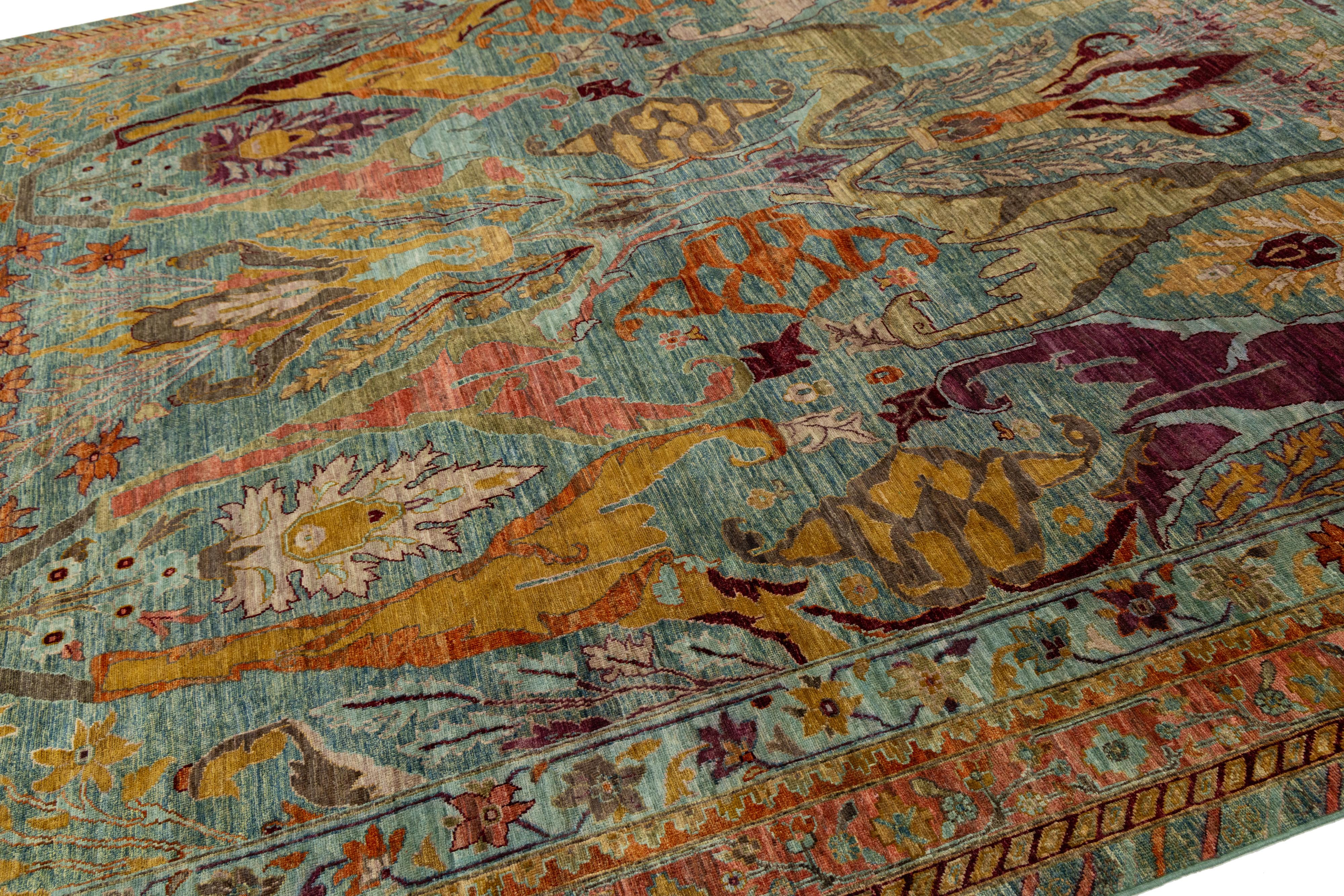 Noué à la main By Design Modern Rugs en laine noués à la main en bleu avec un design d'inspiration persane en vente