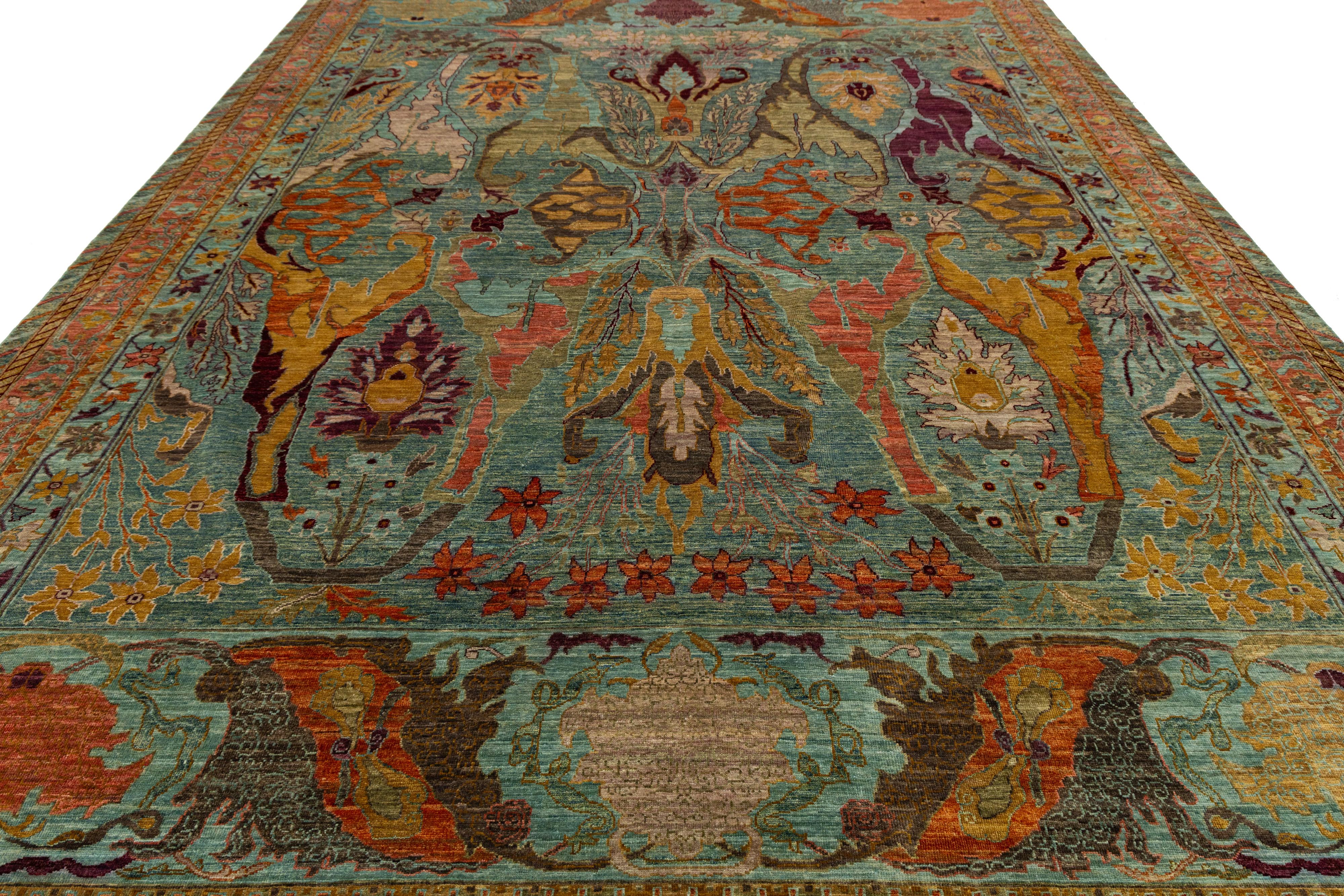 Laine By Design Modern Rugs en laine noués à la main en bleu avec un design d'inspiration persane en vente