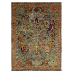 Alfombra moderna de lana de estilo bidjar anudada a mano en azul con diseño de inspiración persa