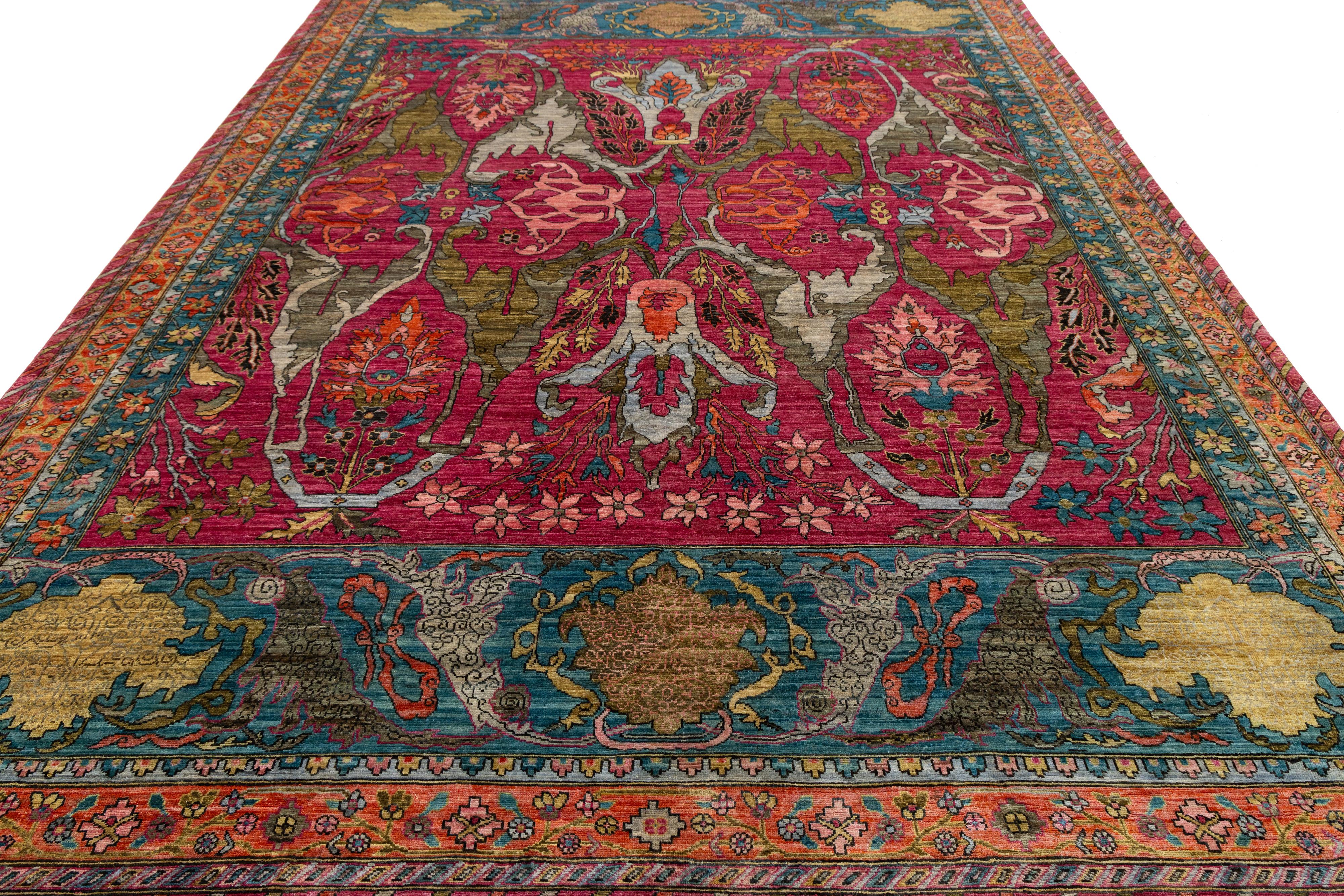 Moderner Wollteppich im Bidjar-Stil, handgeknüpft in Rosa mit persisch inspiriertem Design im Angebot 2