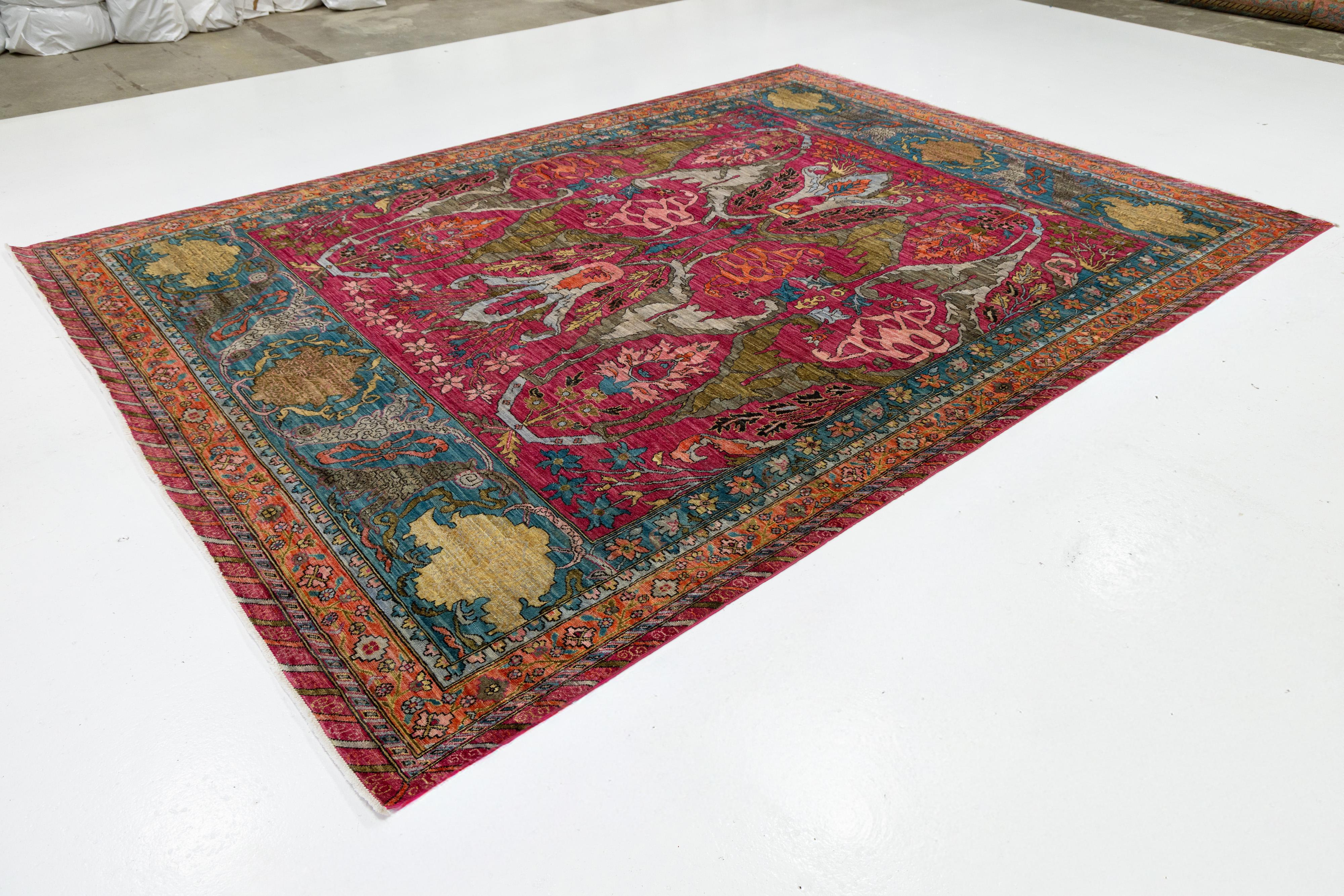 Moderner Wollteppich im Bidjar-Stil, handgeknüpft in Rosa mit persisch inspiriertem Design (Pakistanisch) im Angebot