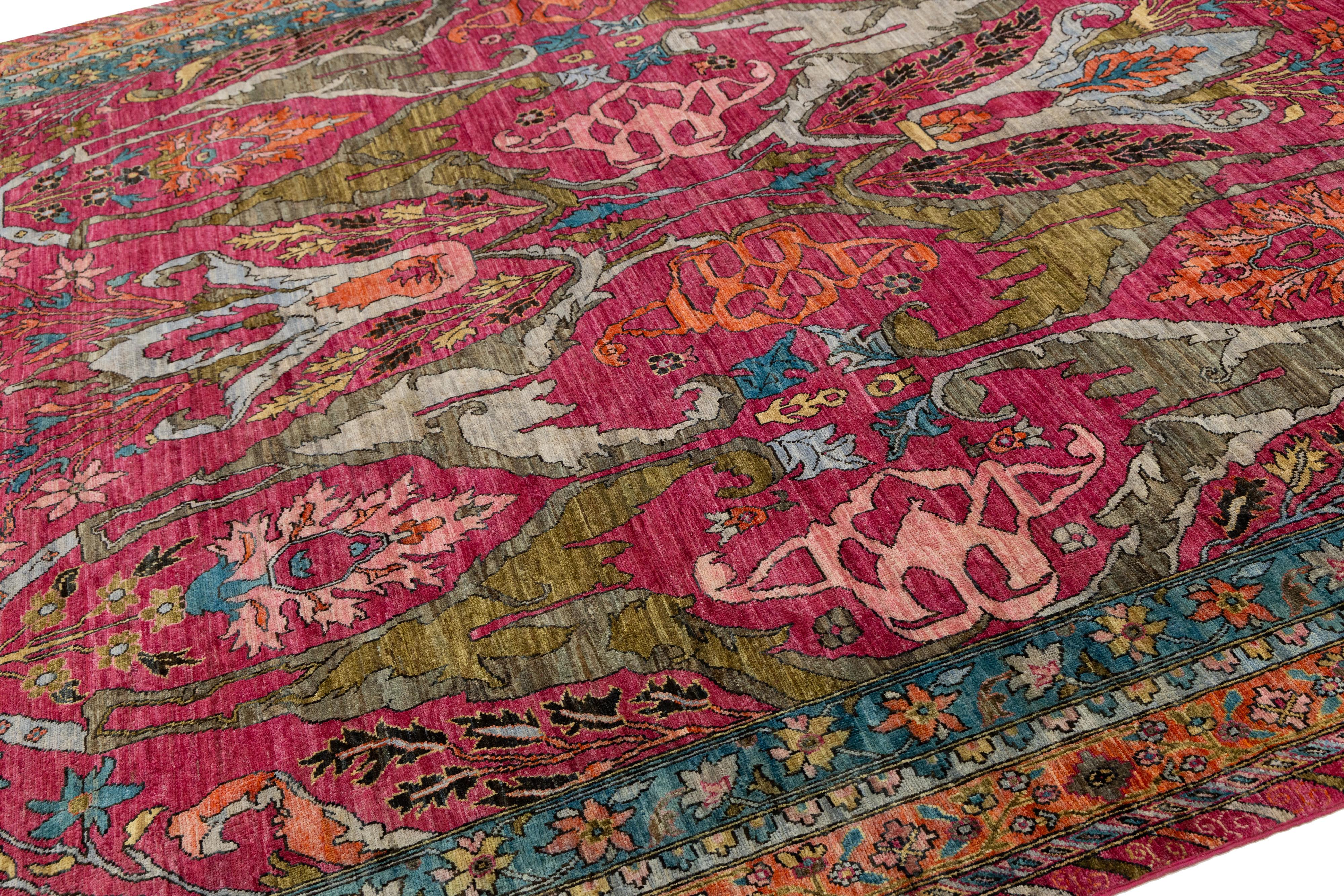 Moderner Wollteppich im Bidjar-Stil, handgeknüpft in Rosa mit persisch inspiriertem Design (Handgeknüpft) im Angebot