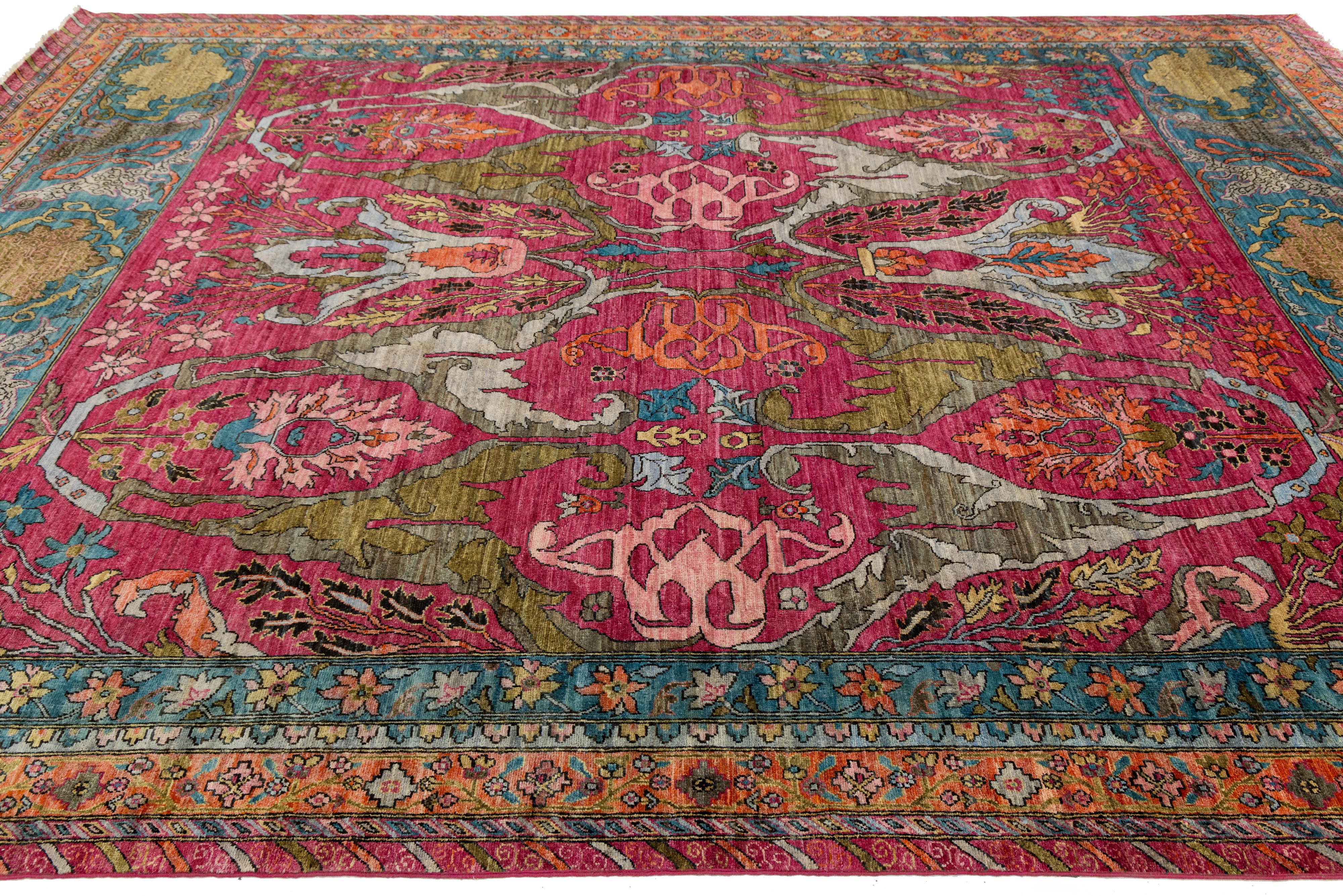 Moderner Wollteppich im Bidjar-Stil, handgeknüpft in Rosa mit persisch inspiriertem Design im Zustand „Neu“ im Angebot in Norwalk, CT