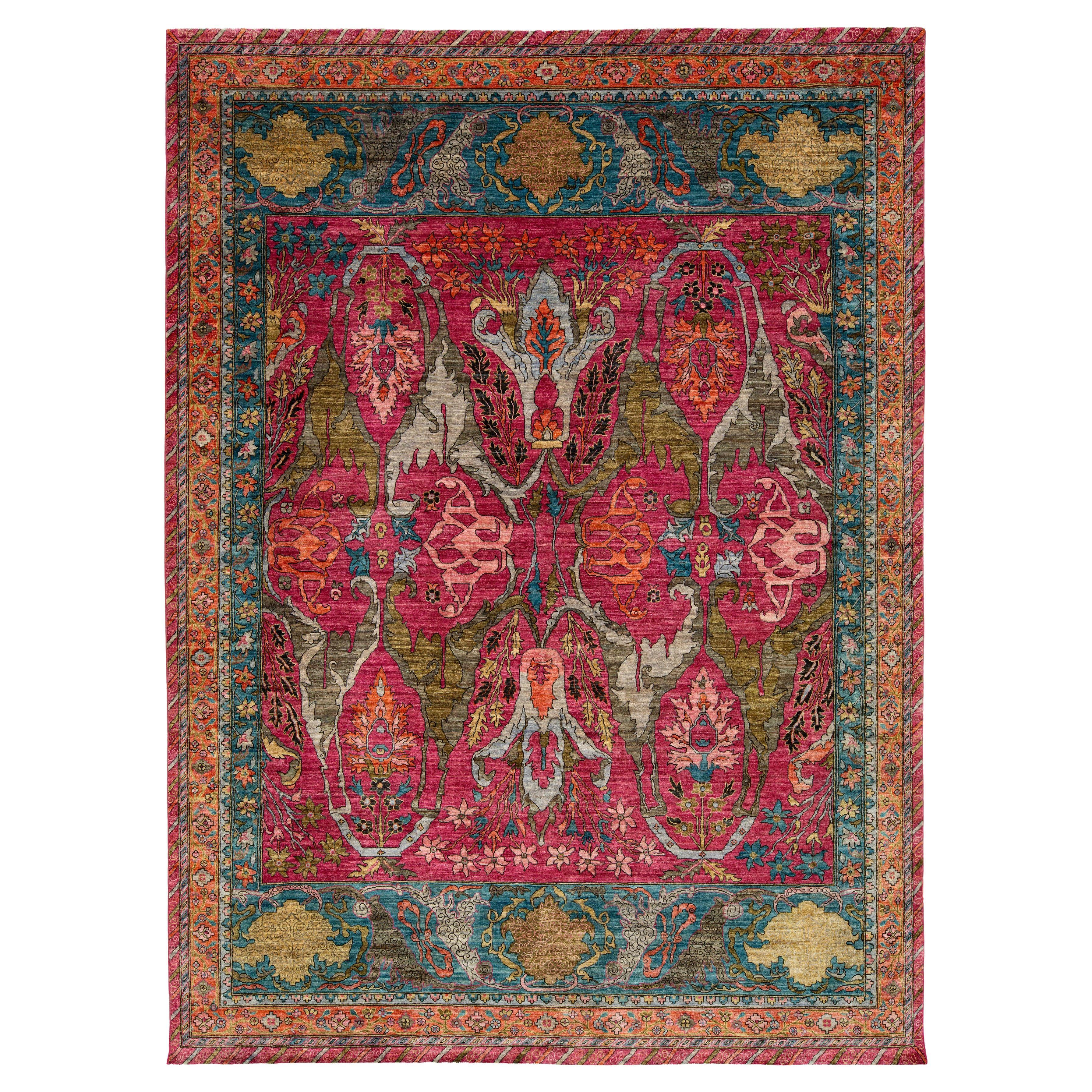 Tappeto moderno in lana stile Bidjar, annodato a mano in rosa con design di ispirazione persiana