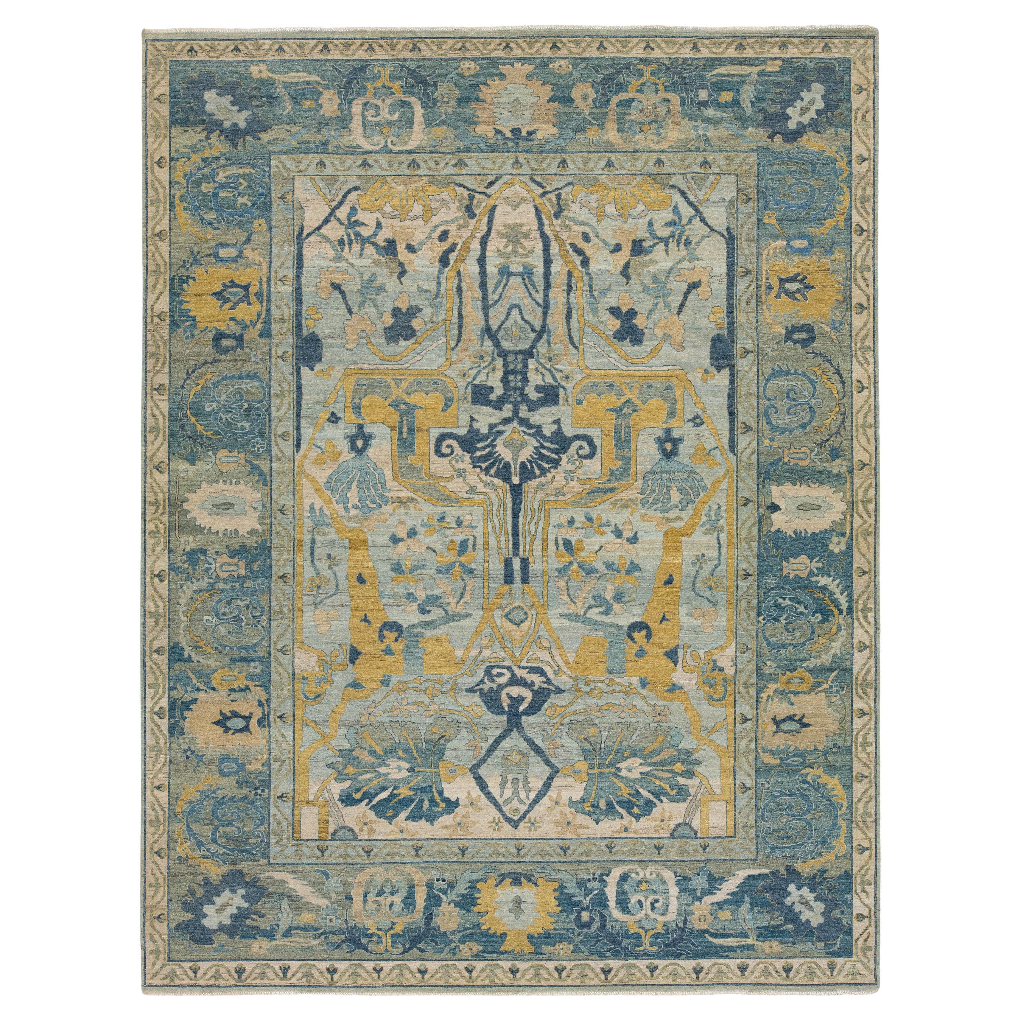 Modern Bidjar Style Wool Rug Transitional Floral Design in Blue, Gold & Sage For Sale