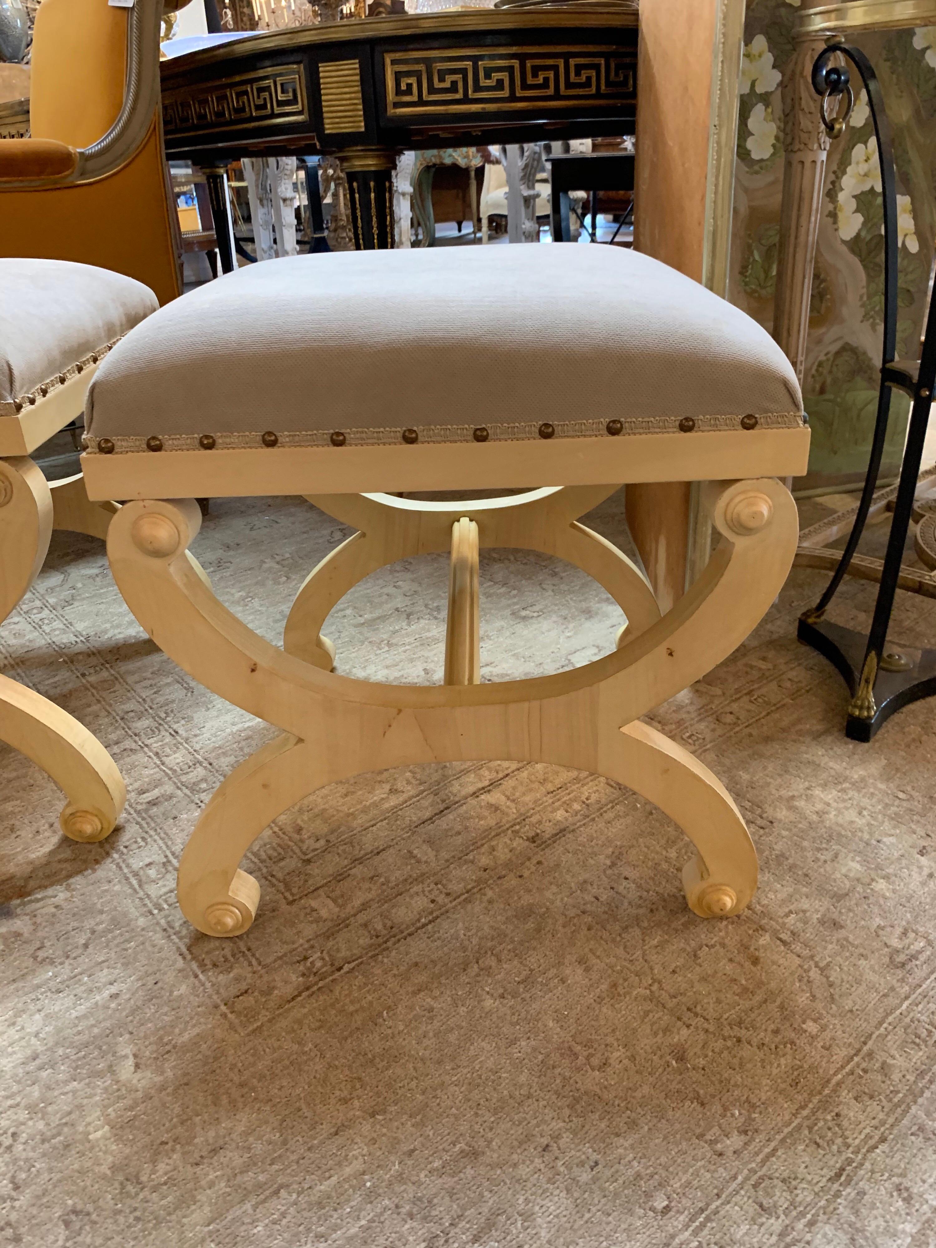 Elegant modern Biedermeier style wood benches with lovely grey fabric. Very pretty blond colored birch wood and beautiful scale and shape. Note: Priced per item. There are 2 available.