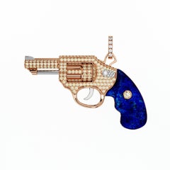 Diamante Pistola Revolver Blu Lapislazzuli Collana in oro rosa 18 carati Ciondolo Charm