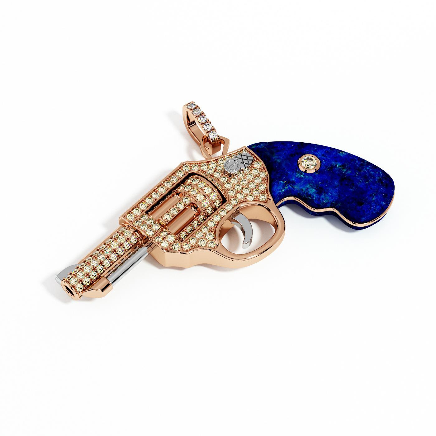 Diamant Gun Revolver Blauer Lapislazuli-Halskette mit Anhänger aus 18 Karat Roségold (Gemischter Schliff) im Angebot