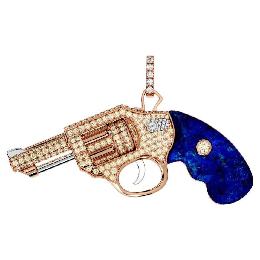 Collier pendentif Gun Revolver en or rose 18 carats avec lapis-lazuli et diamants