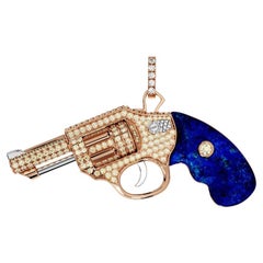 Used Diamond Gun Revolver Blue Lapis Lazuli 18 Karat Rose Gold Necklace Pendant Charm