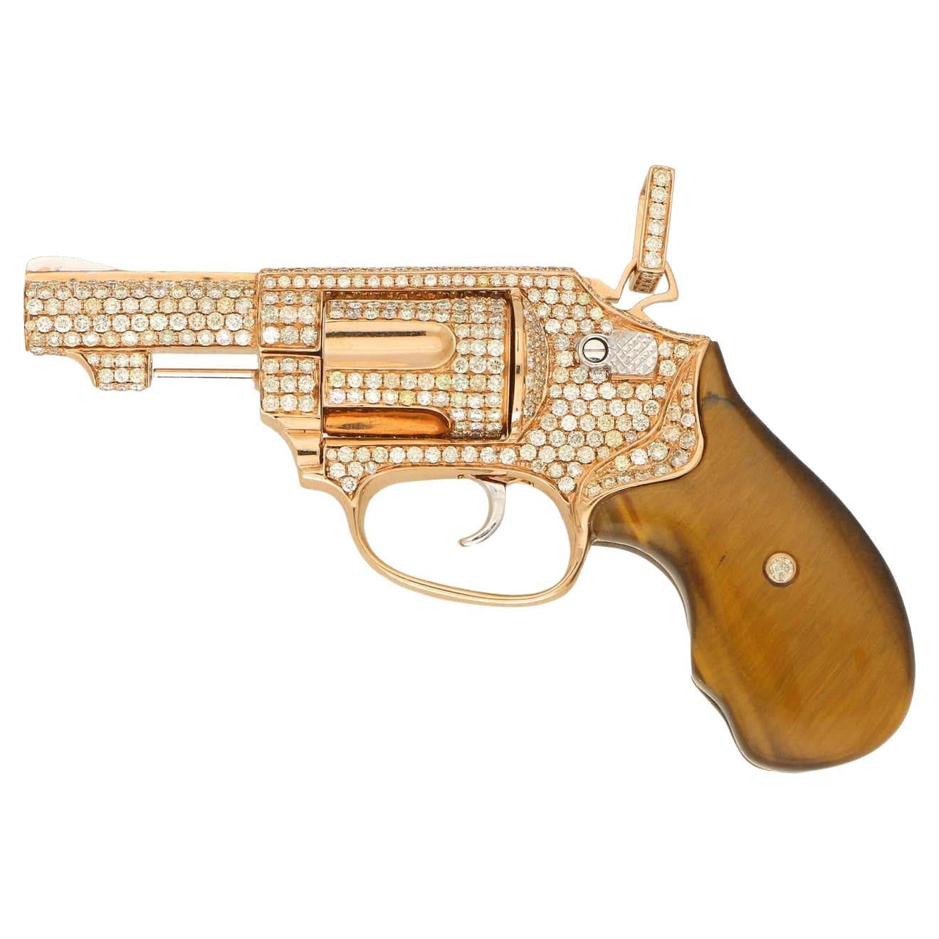 Diamond Gun Revolver Tiger's Eye Gem 18 Karat Rose Gold Giant Necklace Pendant For Sale