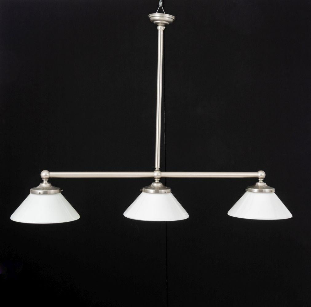 Modern Billiard Table Light, with three holophane shades.

41.5